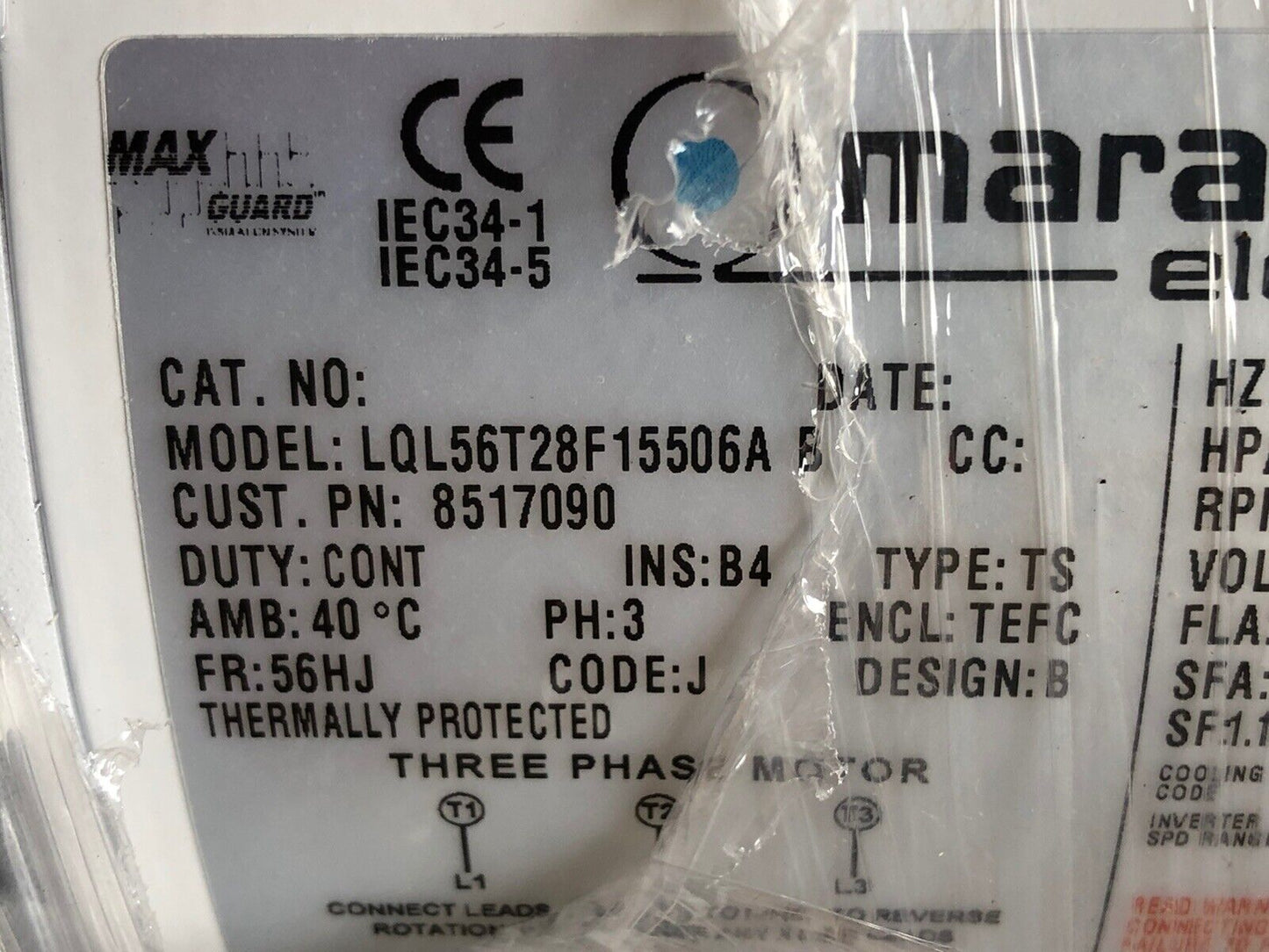 Marathon Electric 8517090 Three Phase Motor,1Hp,Marathon Lql56t28f15506a B,Av