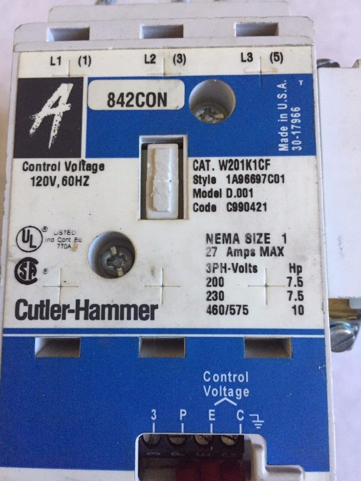 Cutler Hammer W201k1cf Contactor,Cutler Hammer W31 A,30-17966 Size 1, 843Con,Cw