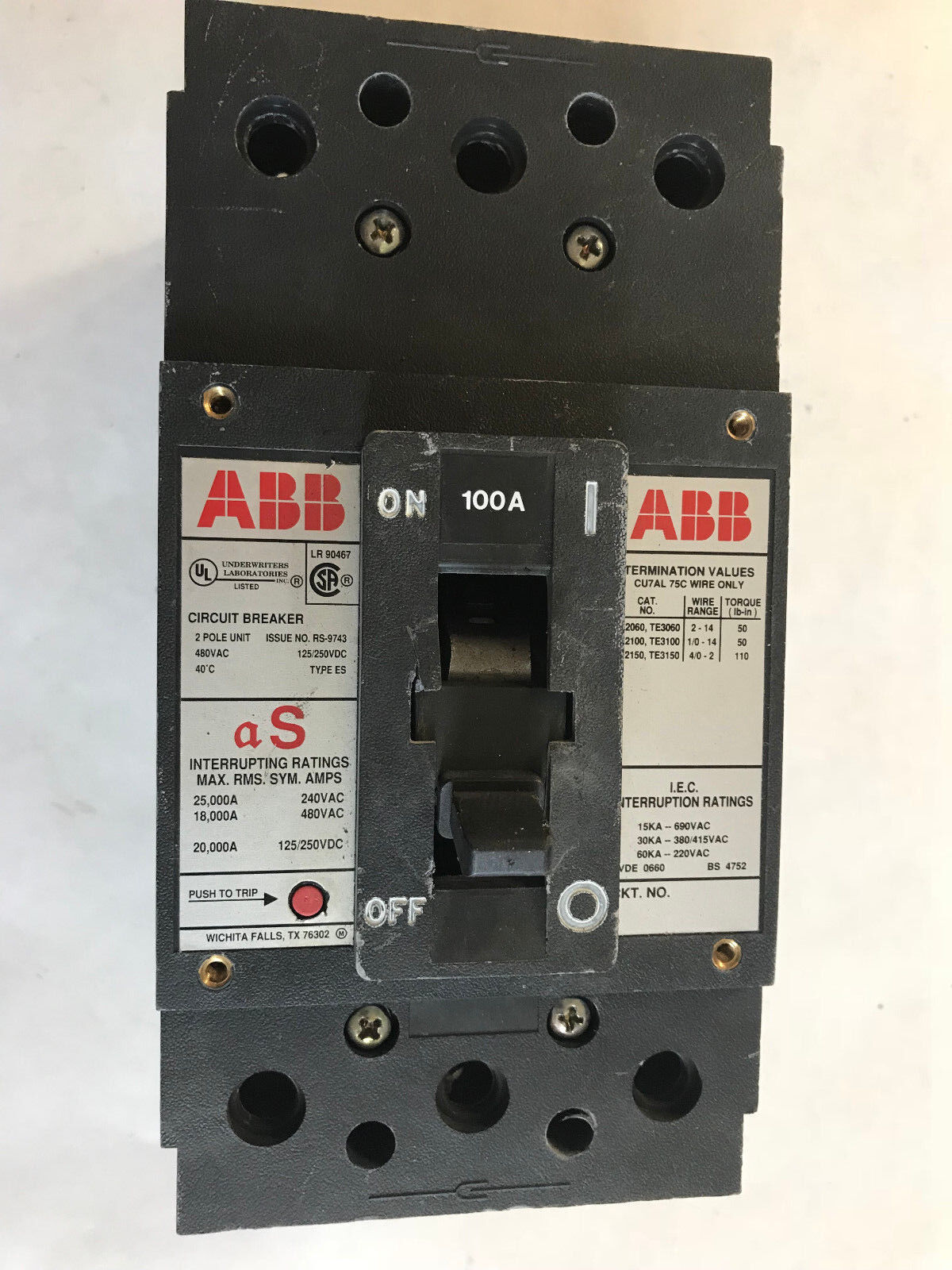 Abb Cu7al 75C,Abb Es,Rs-9743,2Pole Circuit Breaker 100A,Te2060,Te3060,Te2150,Sa