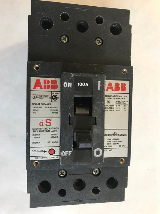 Abb Cu7al 75C,Abb Es,Rs-9743,2Pole Circuit Breaker 100A,Te2060,Te3060,Te2150,Sa