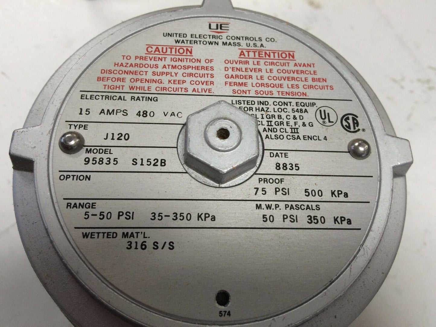 3/4" United Electric 95835 S152b,1/50# Spdt Xprf # Sw;Ss Bellow,J120 Valve,Cg