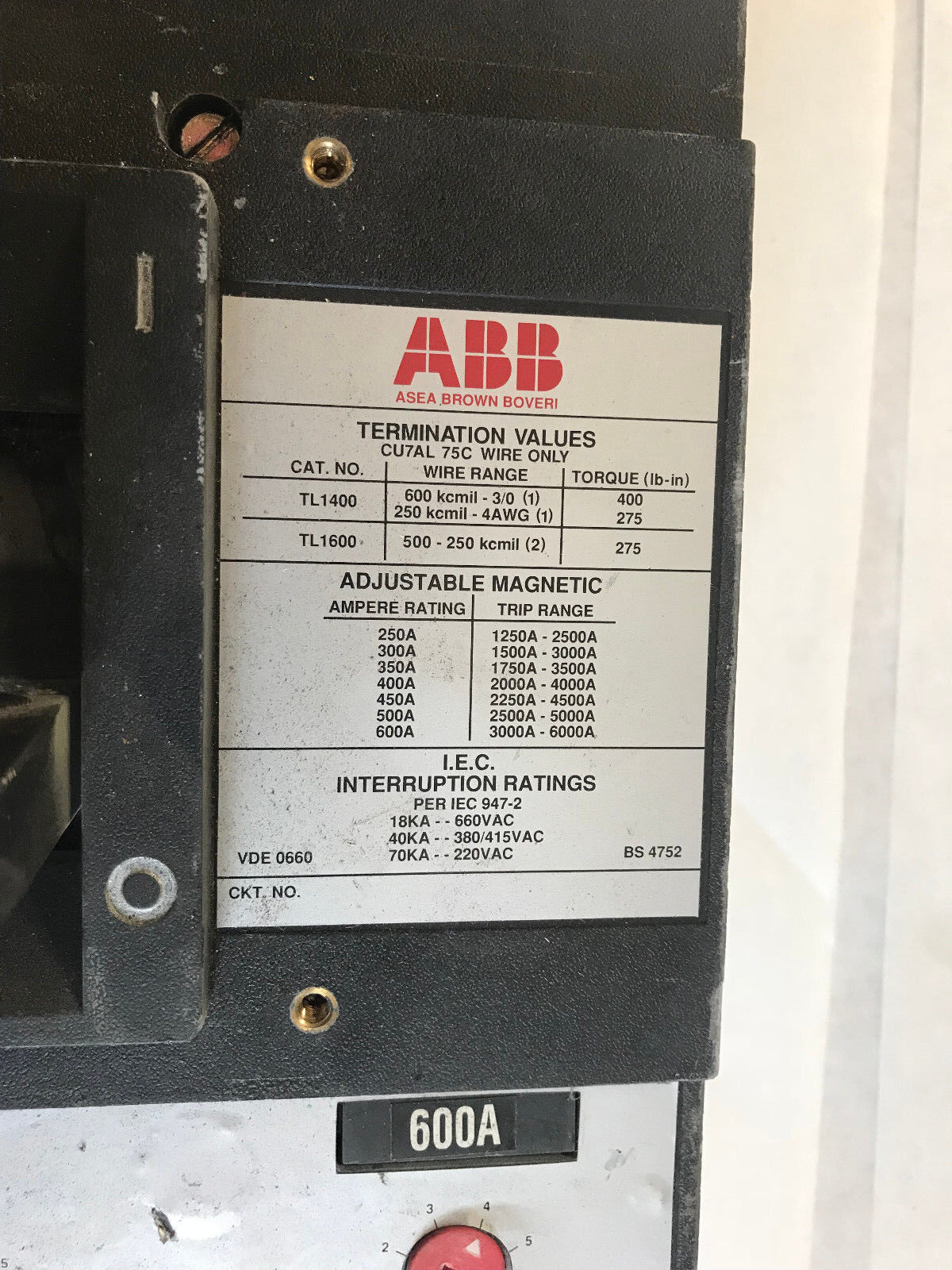 Abb Tl1400,Abb Ls,Abb Tl1600,Circuit Breaker,3 Pole 600A 600Vac 125/250Vdc,Sa