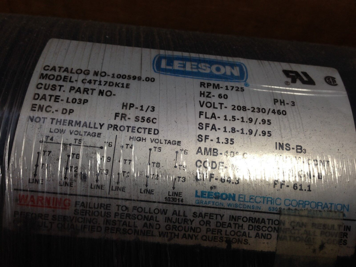 New Leeson C4t17dk1e,100599.00 Motor, 1725-Rpm,230/460Vac,1/3 Hp,3-Phase,Sr