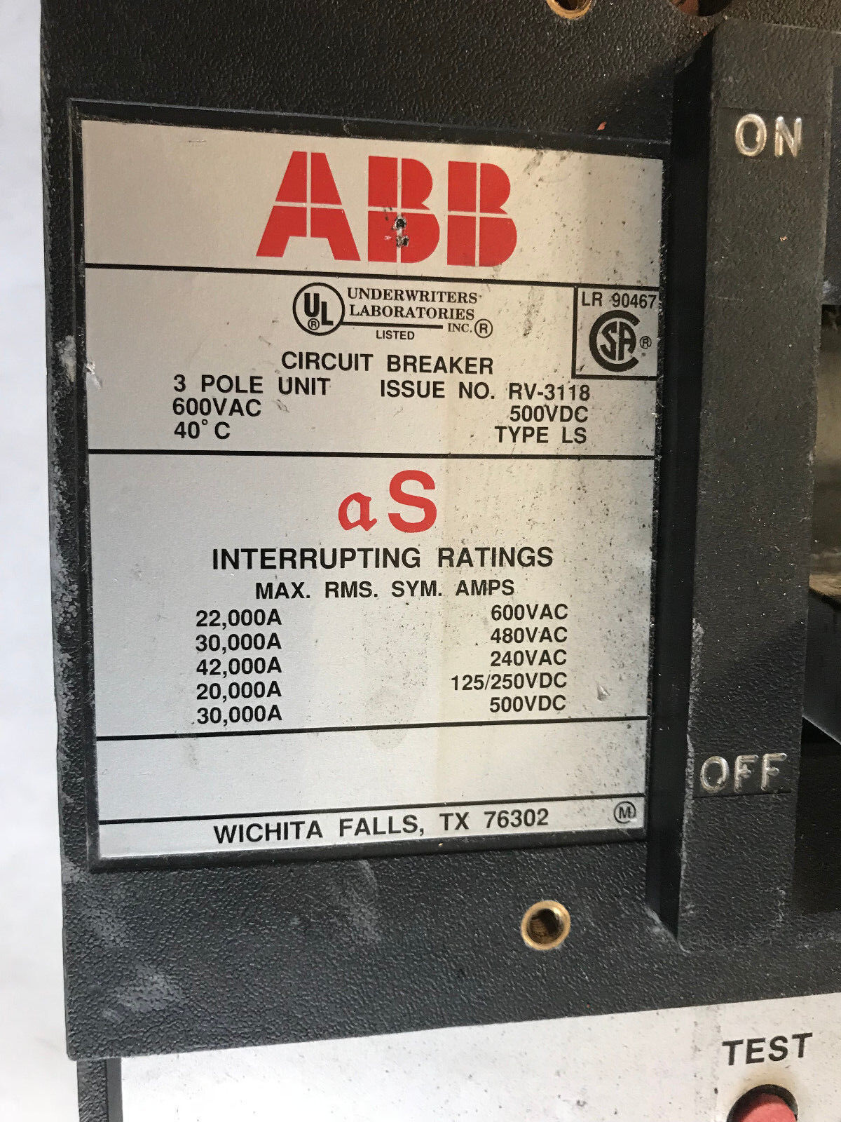 Abb Tl1400,Abb Ls,Abb Tl1600,Circuit Breaker,3 Pole 600A 600Vac 125/250Vdc,Sa