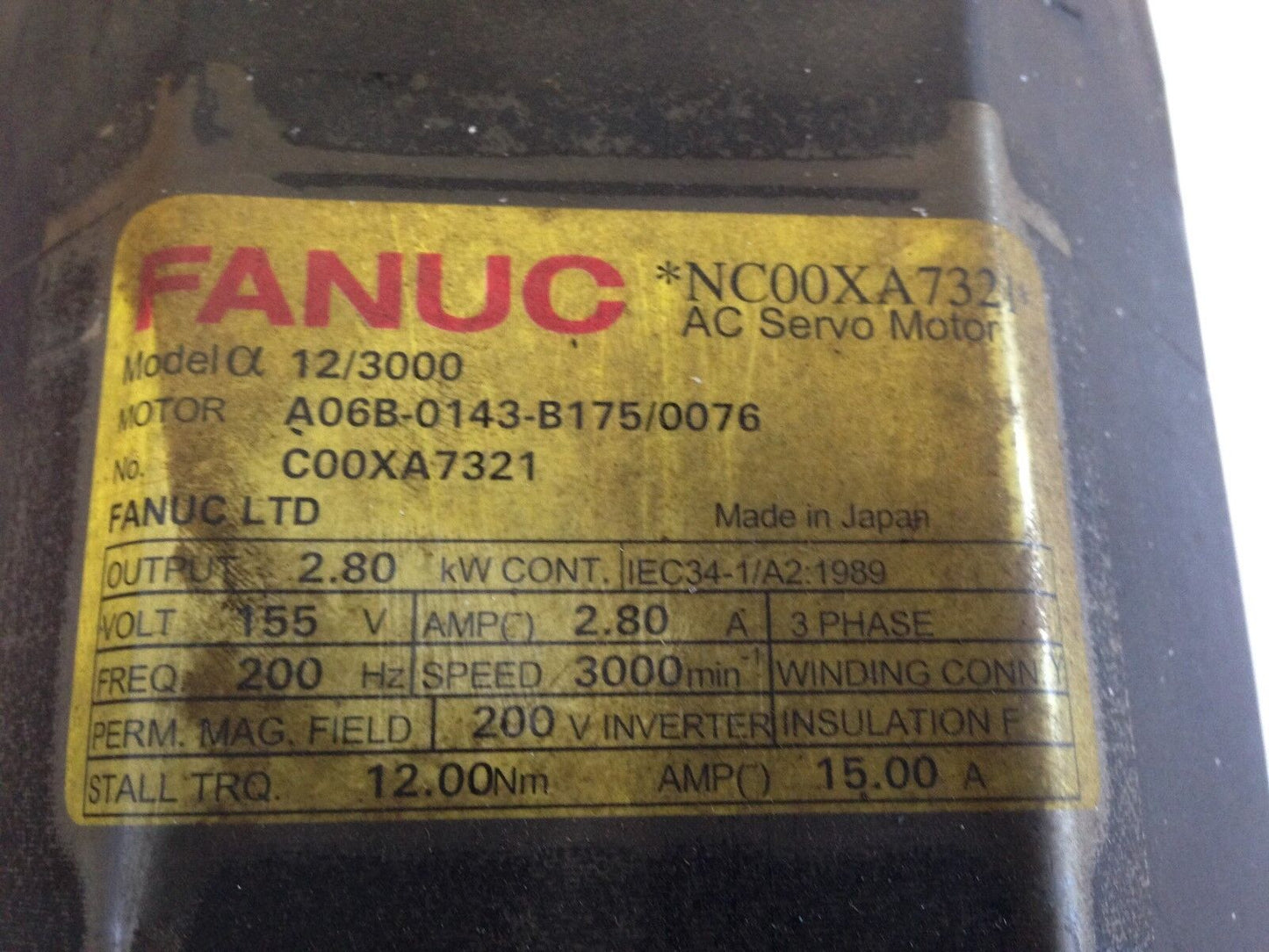 Used Ge Fanuc 12/3000,A06b-0143-B175/0076 Ac Servo Motor,3Ph,Iec34-1 15.00A,Te