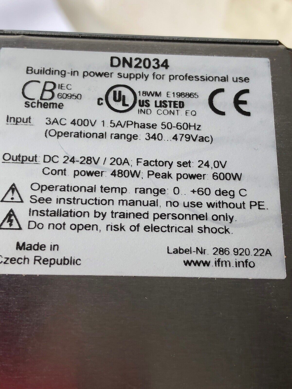 New Ifm Electronic Ecomat 200 Dn2034 Mode Power Supply,3 X 400Vac/ 24Vdc- 20A,Ac