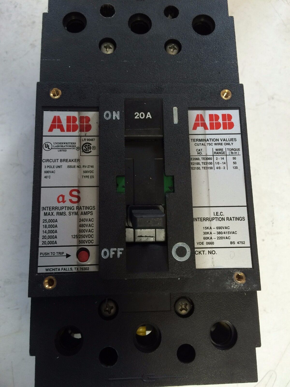 Abb Es,20A,Abb Mf726789,3P,As Lr90467 Cu7al,Uxab 727131 R 103 Circuit Breaker,Eb