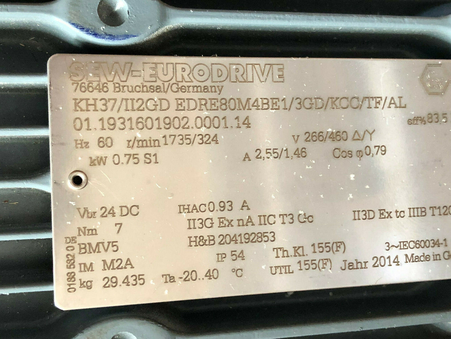 New Sew Eurodrive Kh37/Ii2gd Edre80m4be1/3Gd/Kcc/Tf/Al Ac Gearmotor, Kh37,Sj