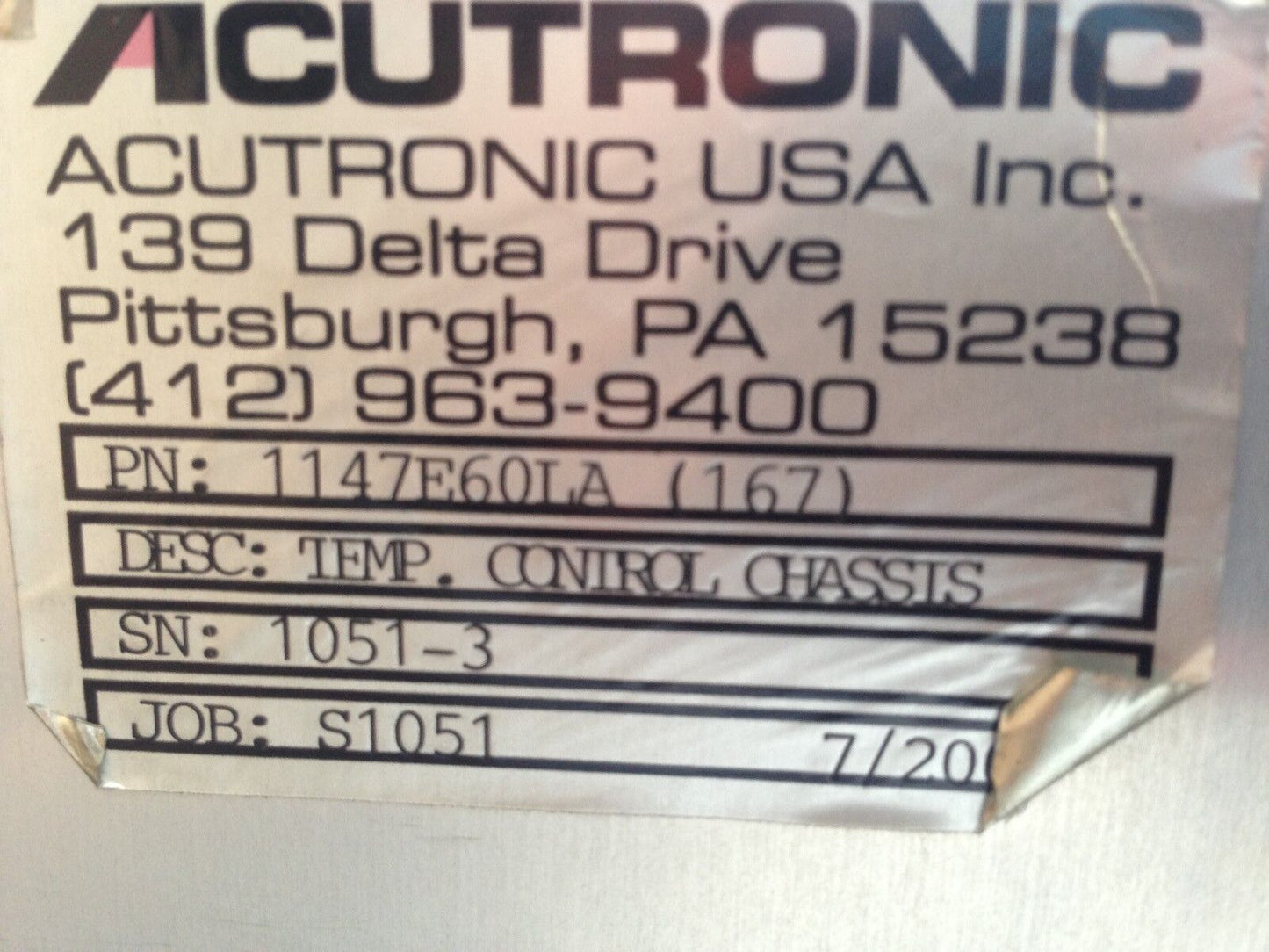 Acutronic 1147E60la (167) Temperature Chamber Control Chassis Controller,Bl