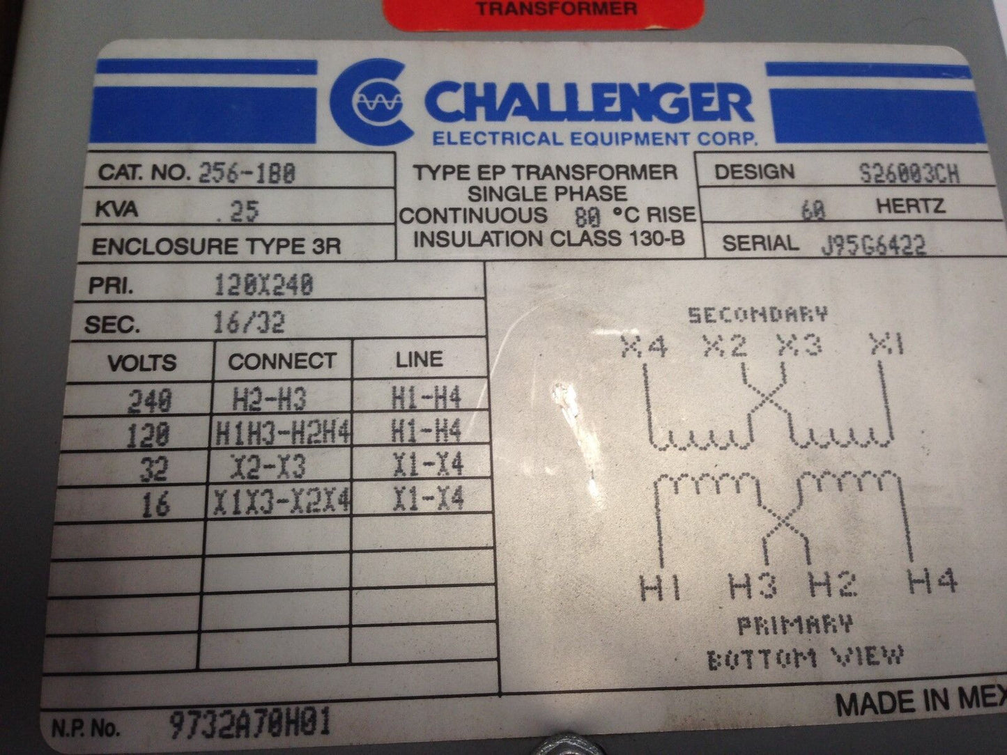 New 256-1B0 Challenger Transformer 1Ph 120/240V 60Hz .25Kva,S26003ch,120X240,Ez