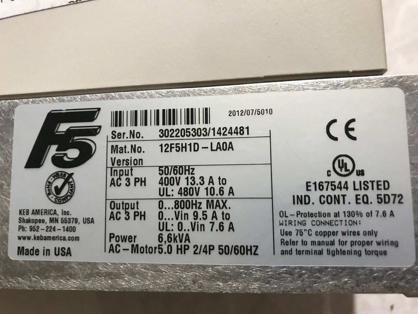 New 5Hp Keb Combivert Ac Drive 12F5h1d-Laoa  F5 12F5h1d-La0a 6.6 Kva,Ag