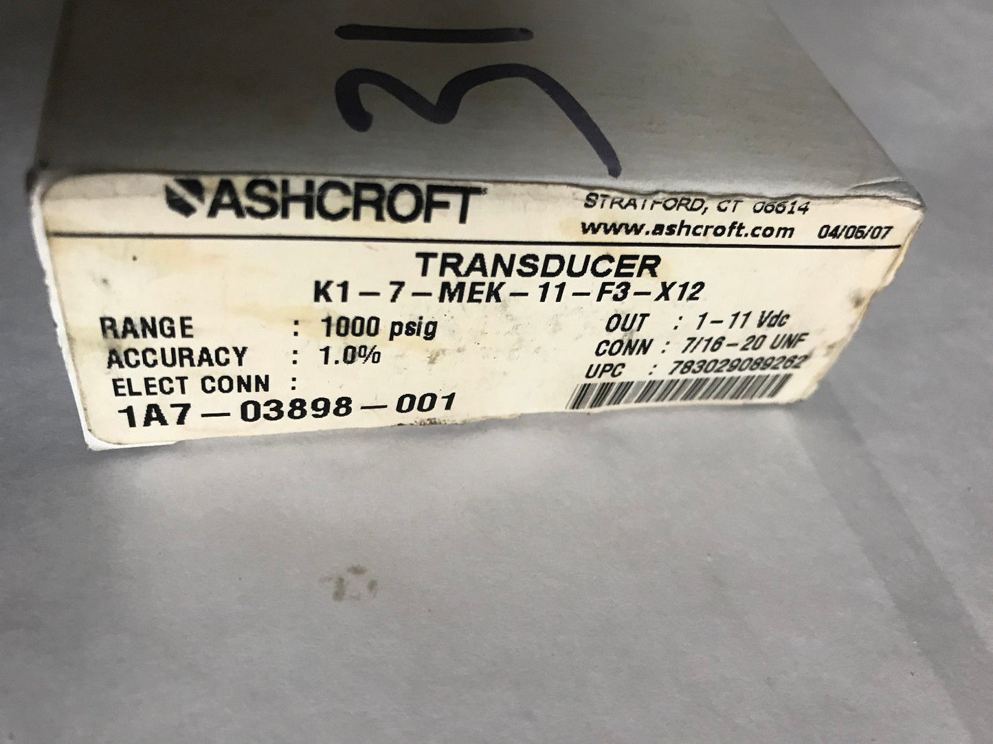 New Ashcroft K17mek11f31000#-X12,Pressure Transducer Ash-K1-7-Mek-11-F3-X12,Sc