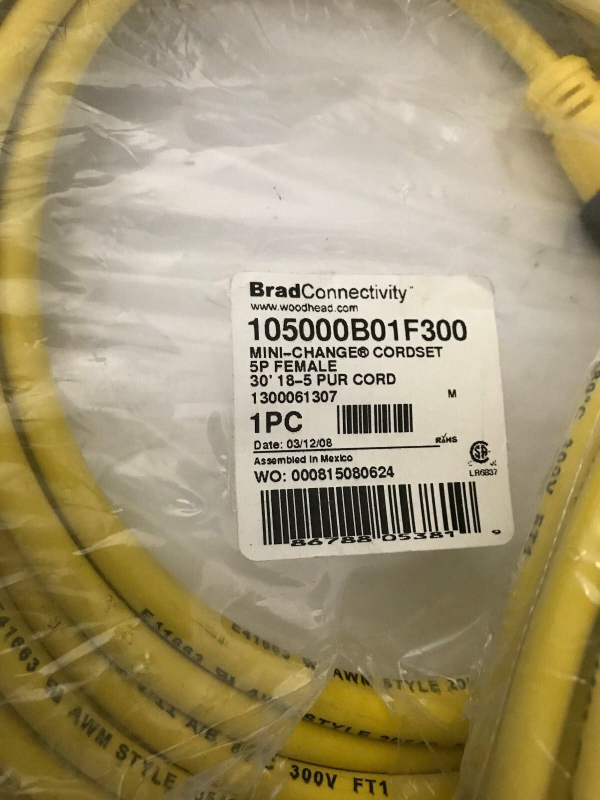 New Brad Woodhead 105000B01f300  Proximity Switch Cable 30',Em
