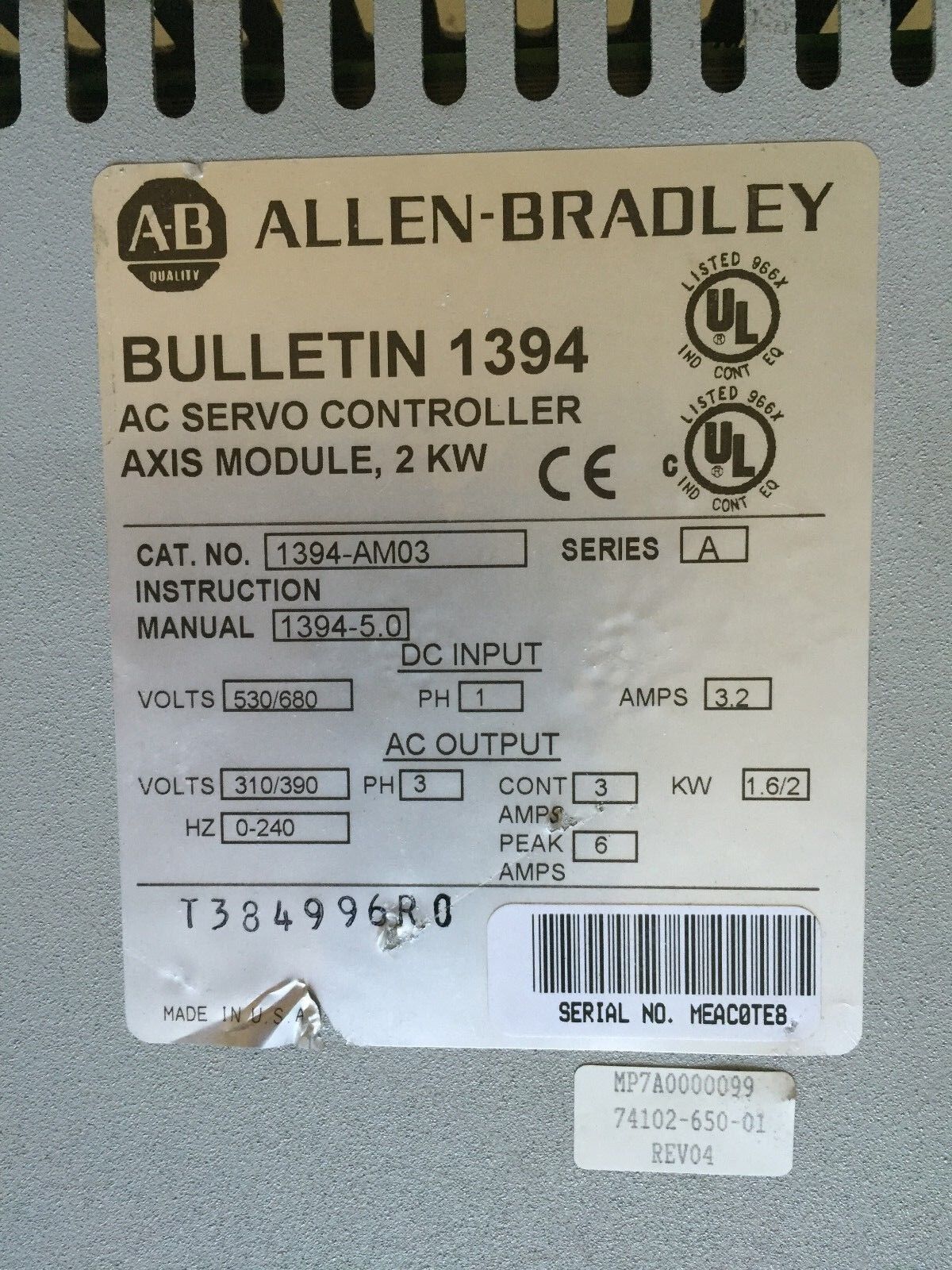 Allen Bradley 1394-Am03 A Servo Controller Axis 2.2Kw 3Amp,2Kw Axis Module,Bi