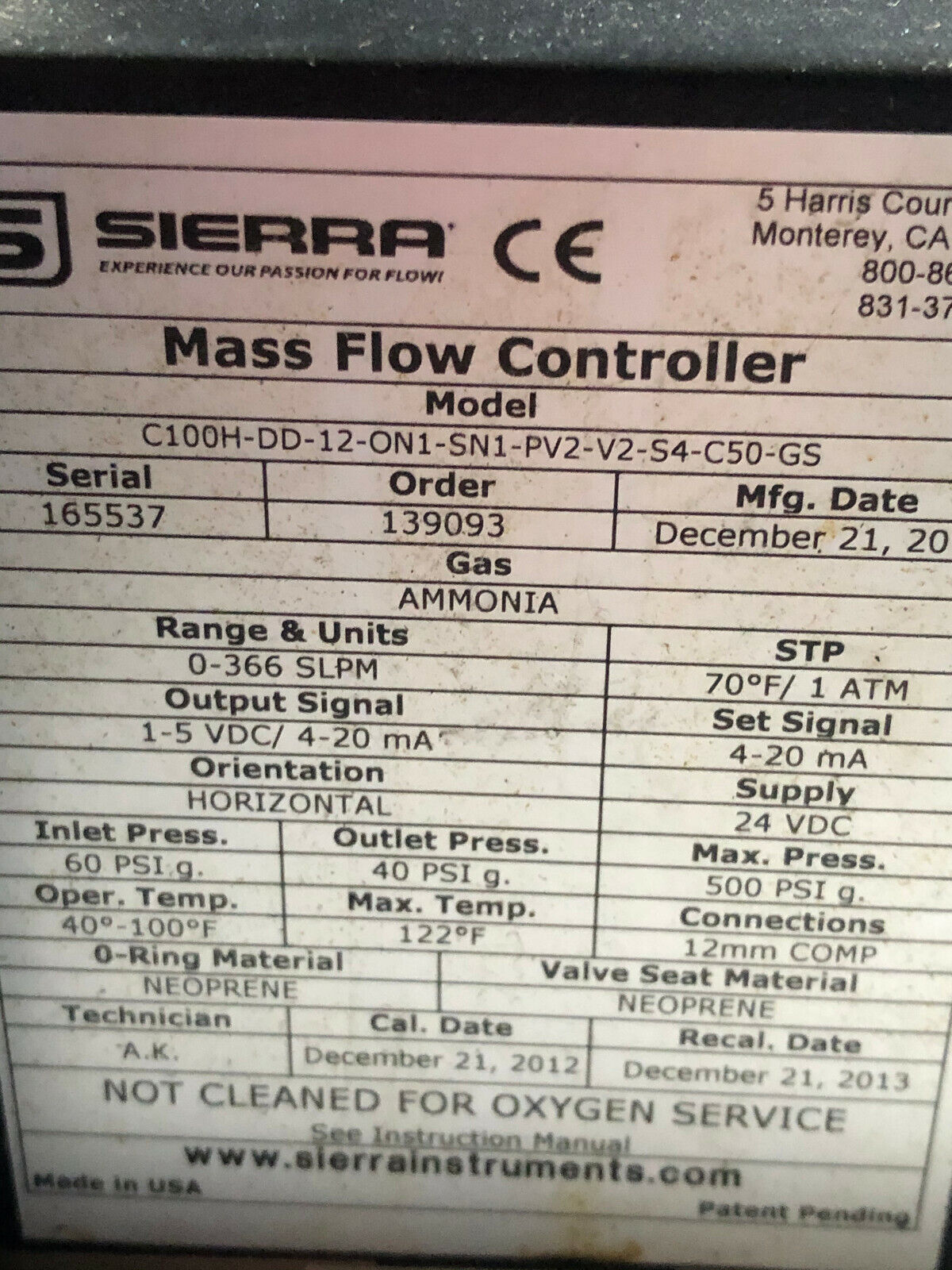 Sierra C100h-Dd-12-On1-Sn1-Pv2-V2-S4-C50-Gs Mass Flow Controller,Smarttrak100,Td