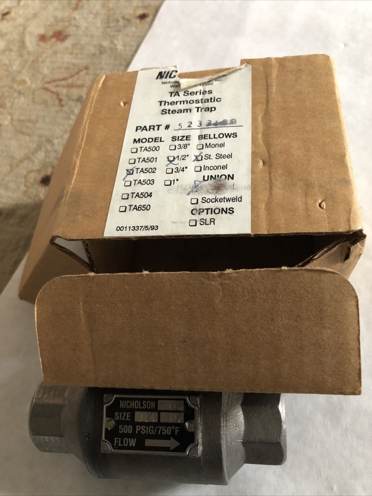 New 1/2" Npt Nicholson Ta 502 Thermostatic Steam Trap 500 Psi ,Bz