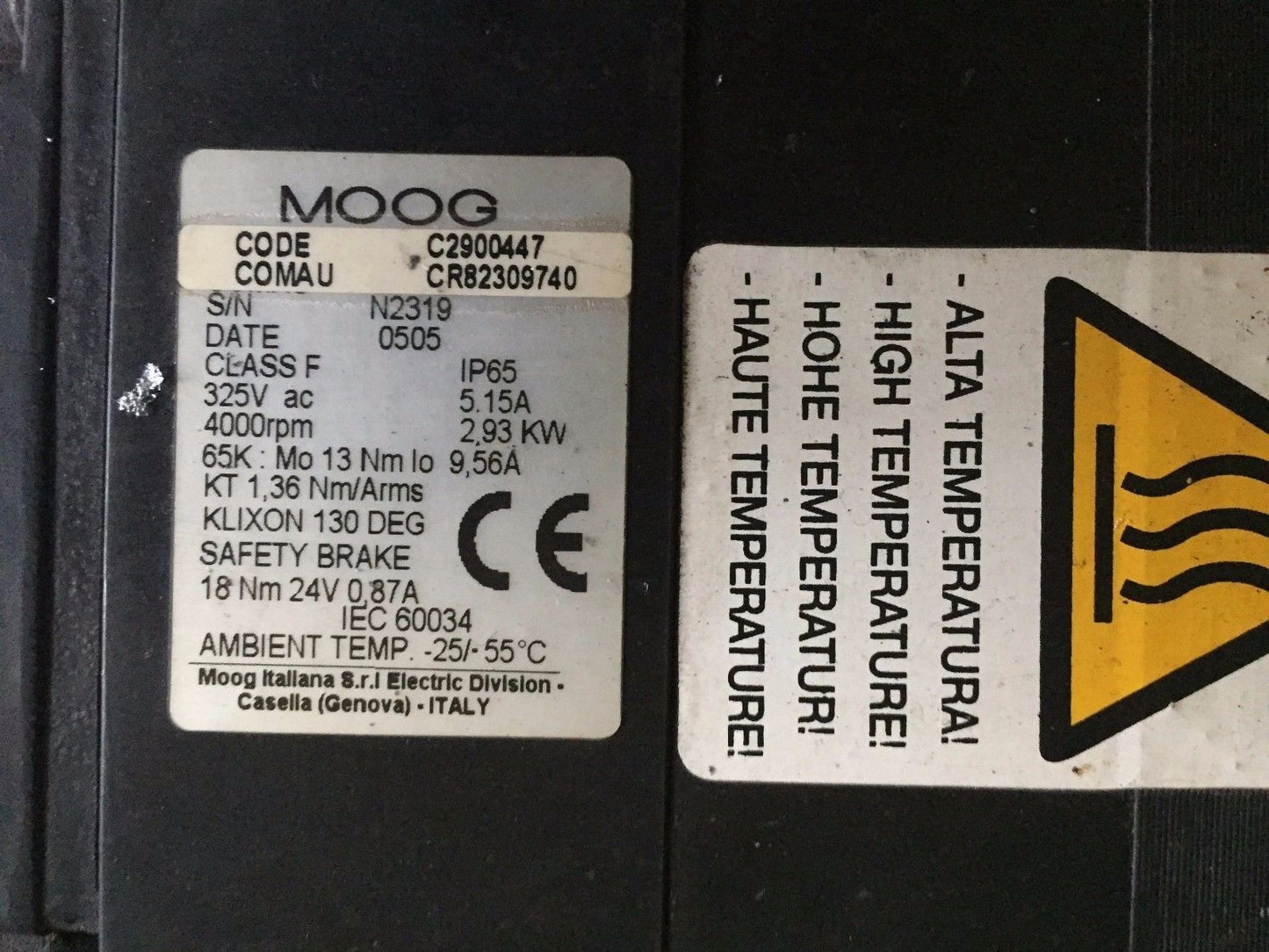 Moog C2900447 Servo Motor,Cr82309740,Ip65,5.15A,4000Rpm 325Vac,To