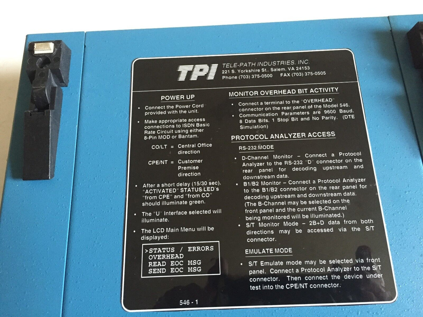 Tpi 546,Tele-Path Industries Tpi 546 Isdn "U" Monitor/Analyzer,Tpi 851570,Fg