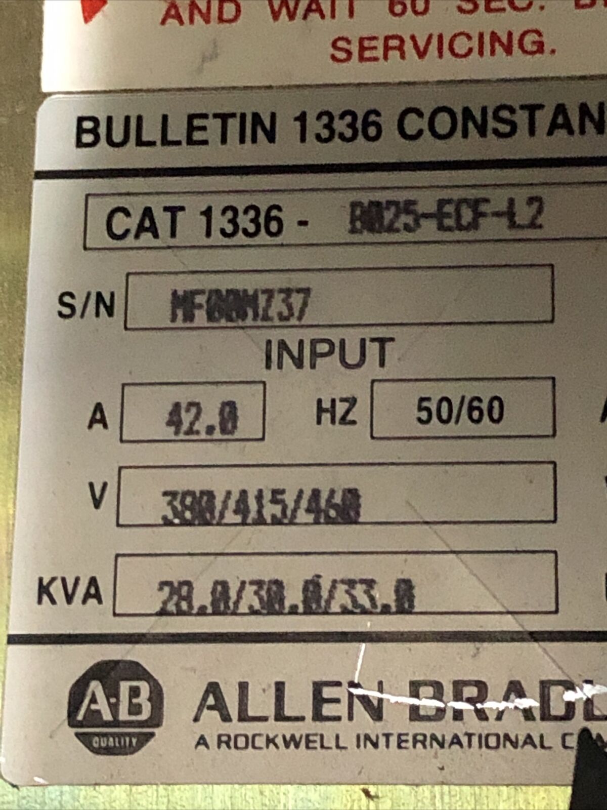 Allen Bradley 1336-B025-Ecf-L2 Ac Drive,3-Ph,460 V,33 Kva 1336-B025edfl2,Bq