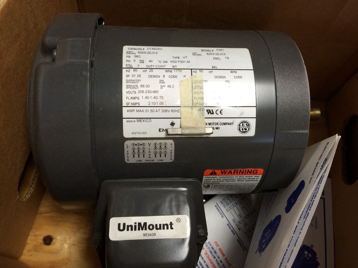 New Emerson U14s2ac F001 Motor, 1770-Rpm,230/460Vac,F001 6203-2Zjc3, .25-Hp,De