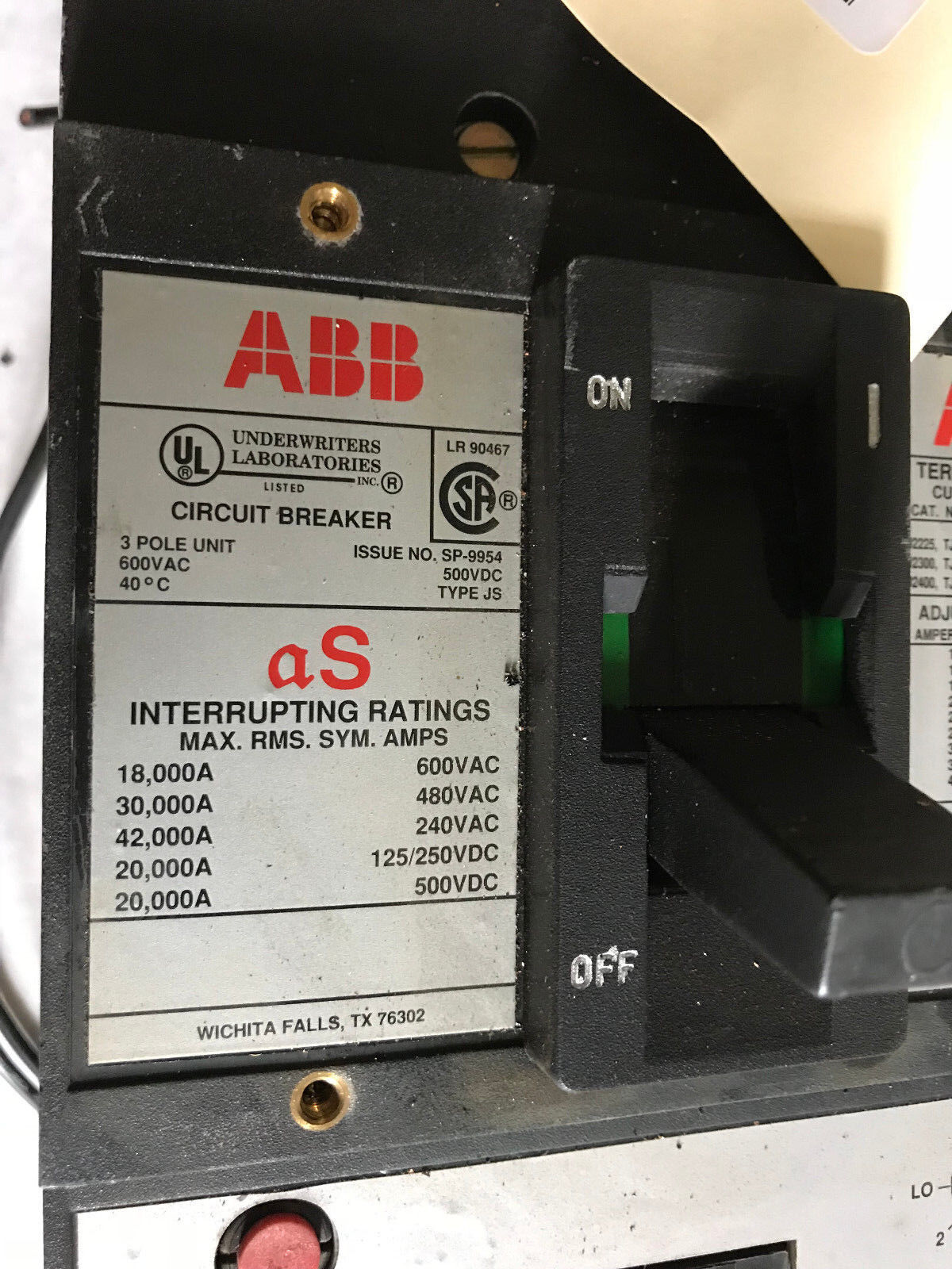 Abb Sp-9954 Circuit Breaker,400 A,3-Pole,600 Vac/250 Vdc,Abb Js,Cu7al 75C,Ta,Aa