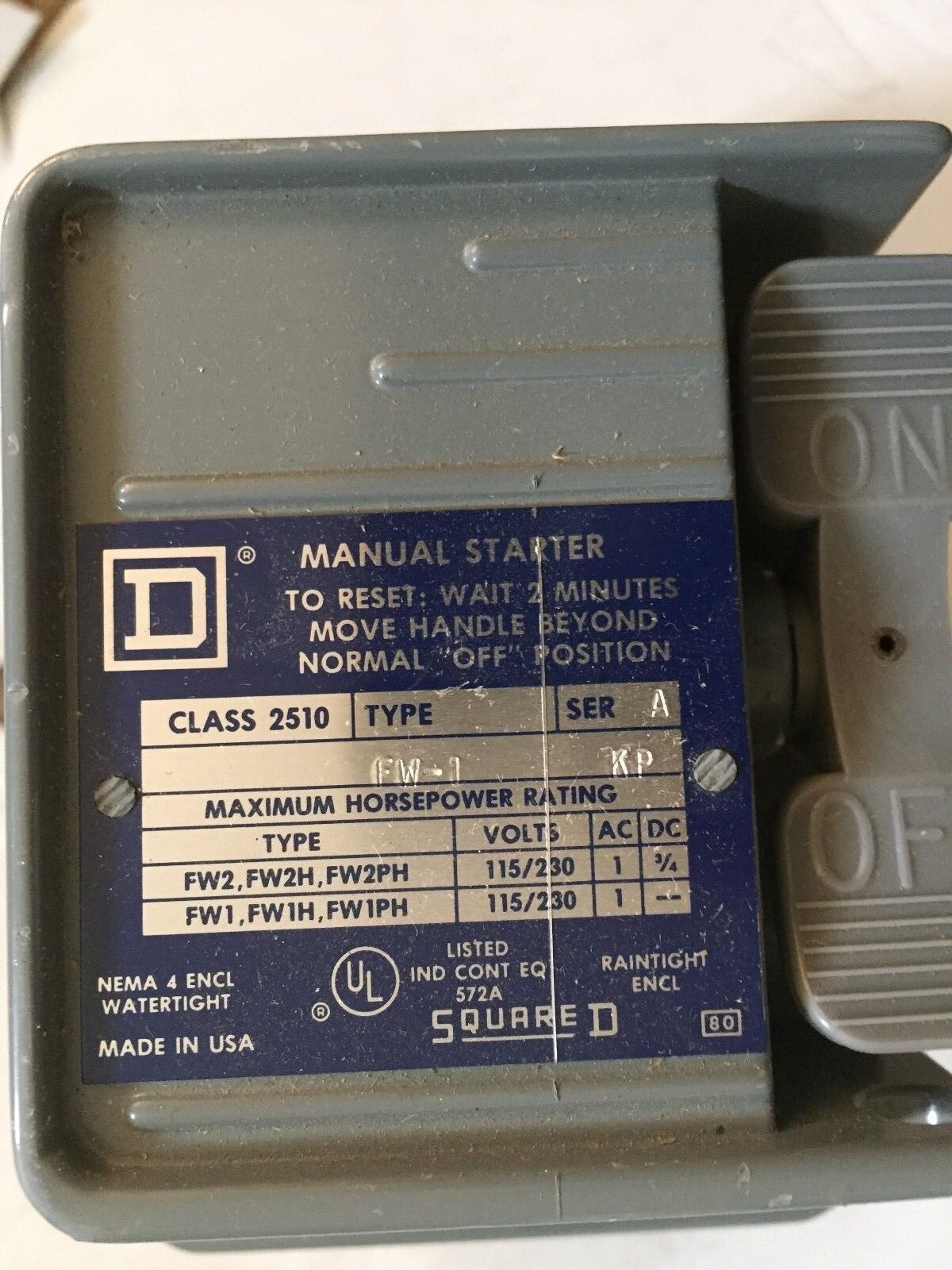 New Square D Fw-1,Class 2510,Manual Starter,Square-D 2510 Fw-1,Dd