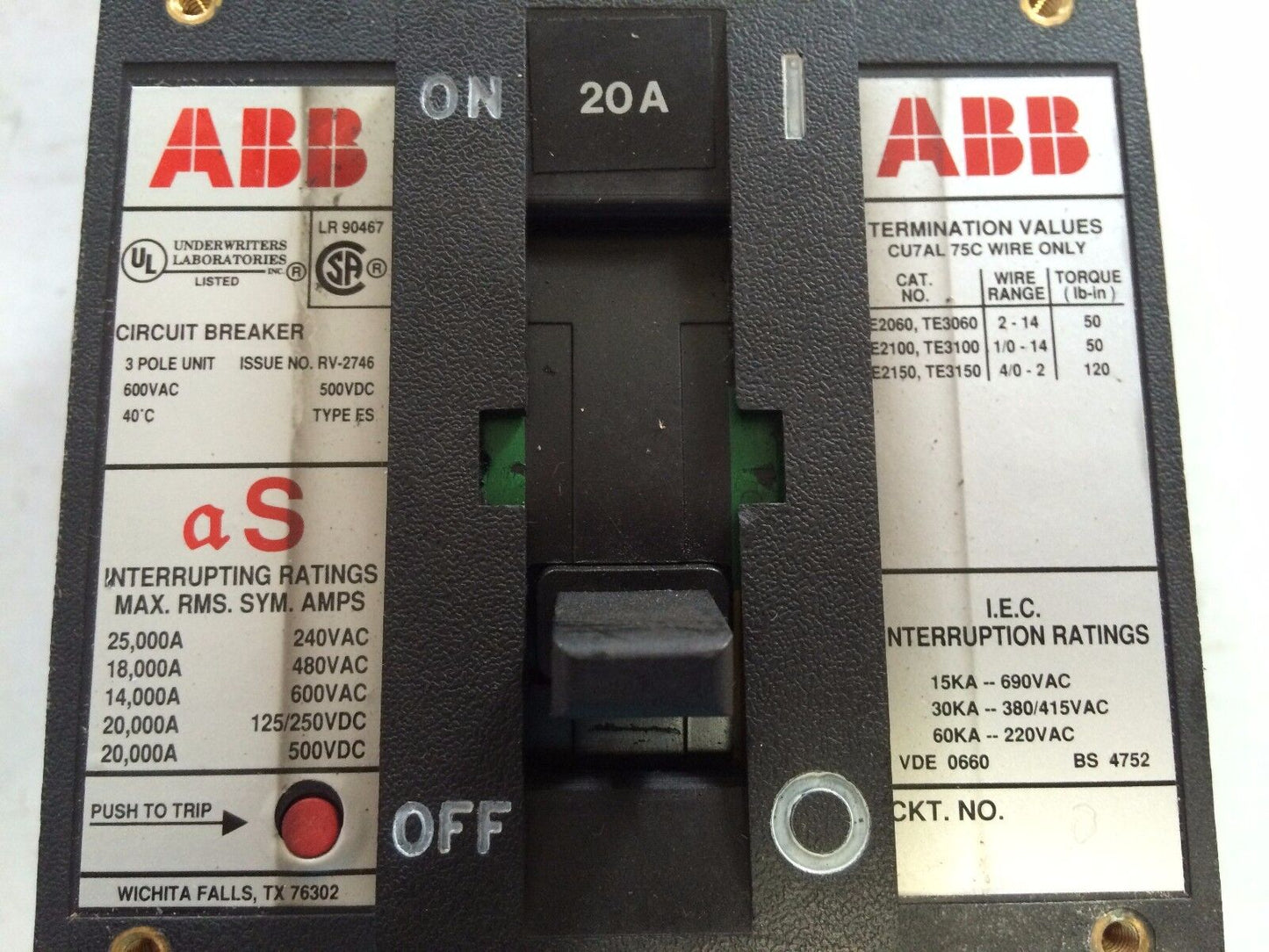Abb Es,20A,Abb Mf726789,3P,As Lr90467 Cu7al,Uxab 727131 R 103 Circuit Breaker,Eb