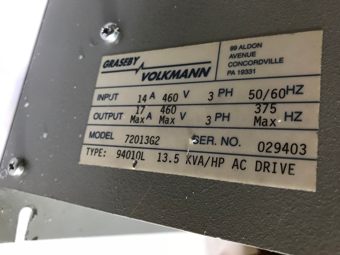 Graseby Volkmann 72013G2 ,Volkmann 9000 Ac Drive,20030D G 1A,Ep