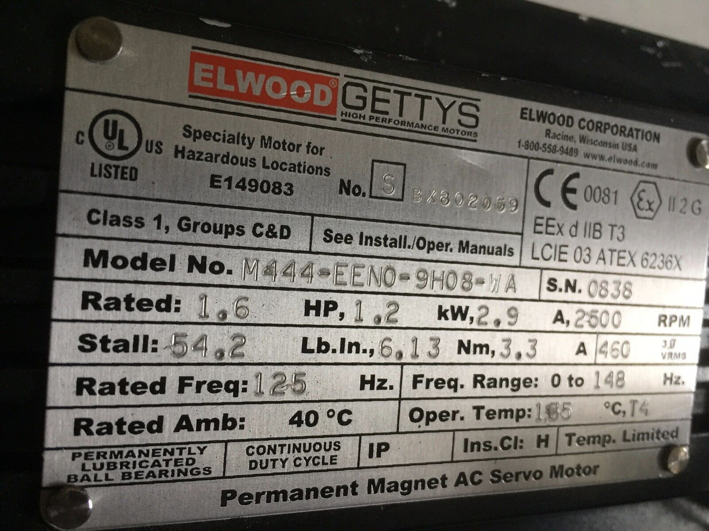 New Elwood M444-Eeno-9H08-Wa,M444-Een0-9H08-Wa,Gettys Servo Motor,Dia.5/8",Bo