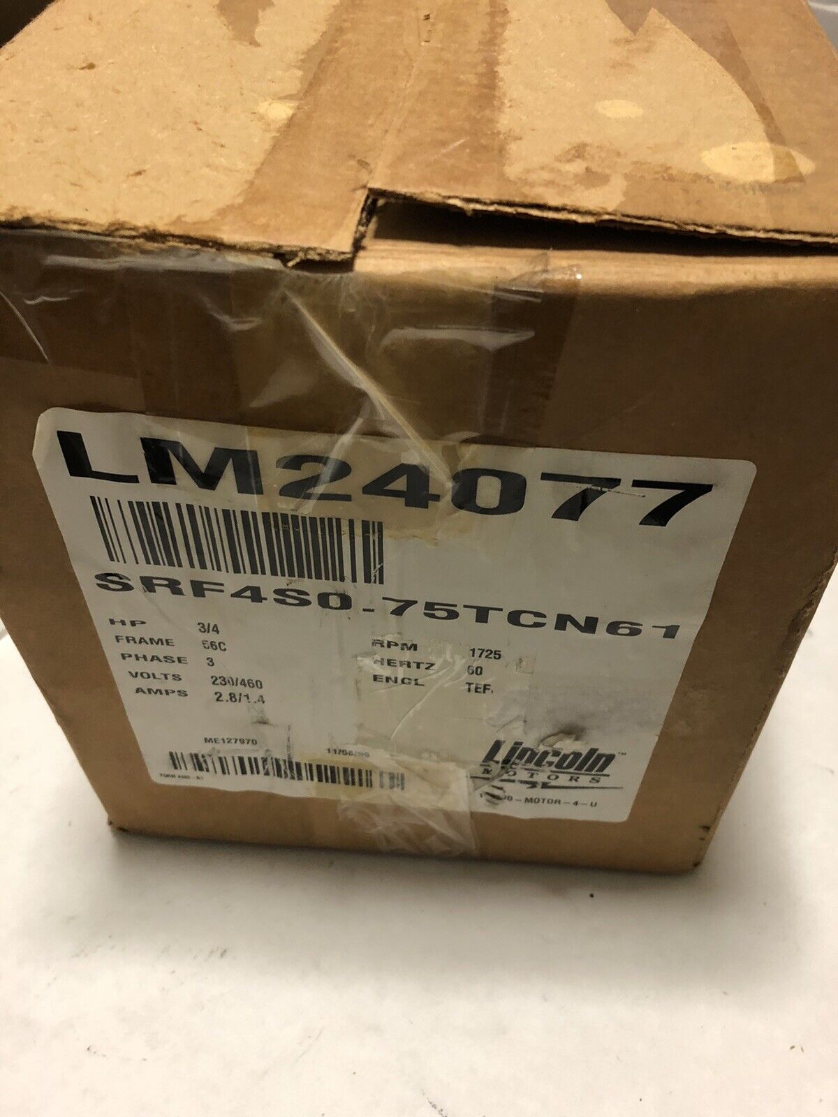 New Lincoln Motors Srf4s0.75Tcn61,75Tcn61 Lm24077 3/4Hp 3Ph,7Va Lm24077a P,Tb,Eg