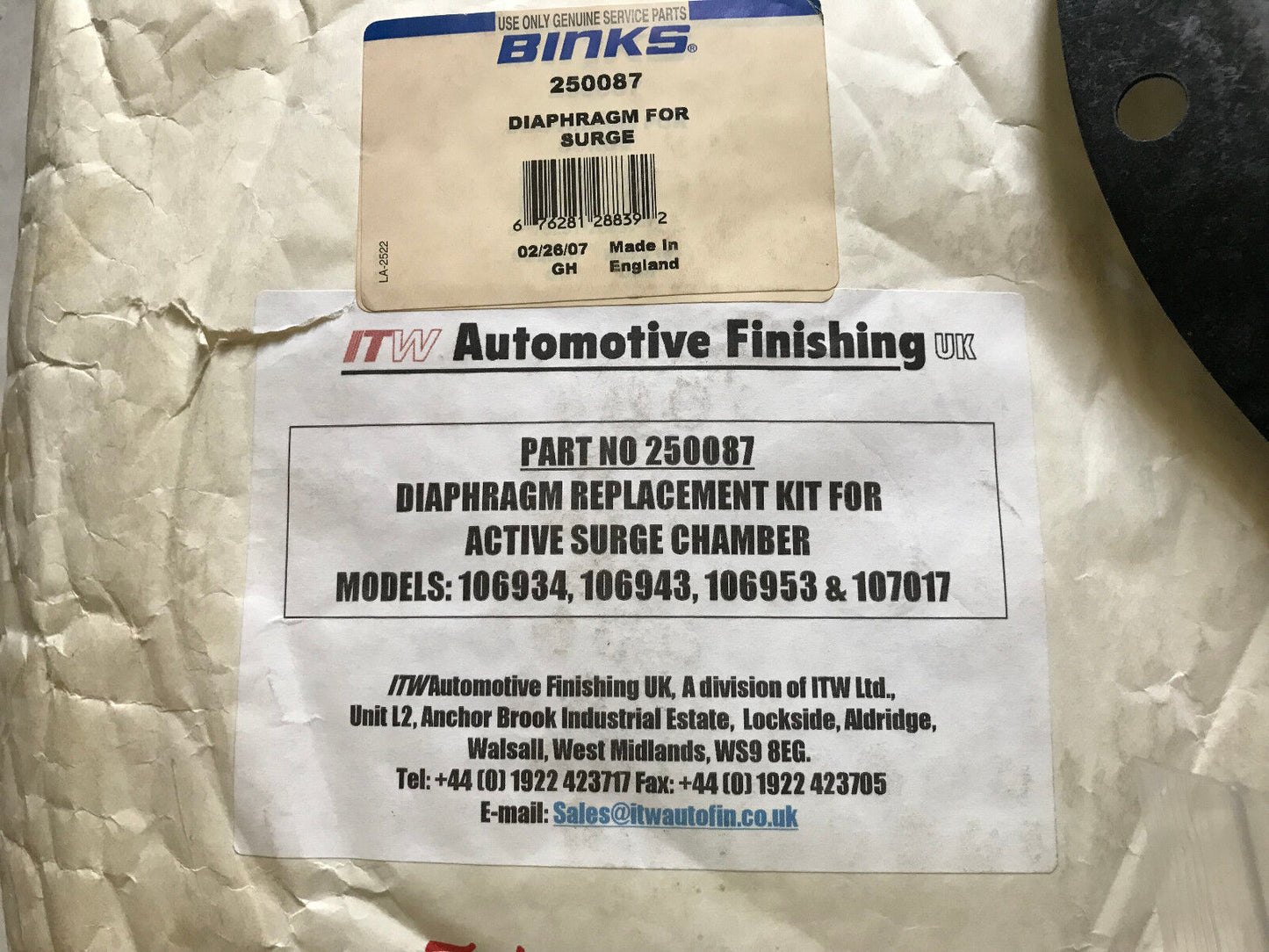 New Itw 250087 Diaphragm Kit Active Surge Chamber Binks 250087,192232,Sa