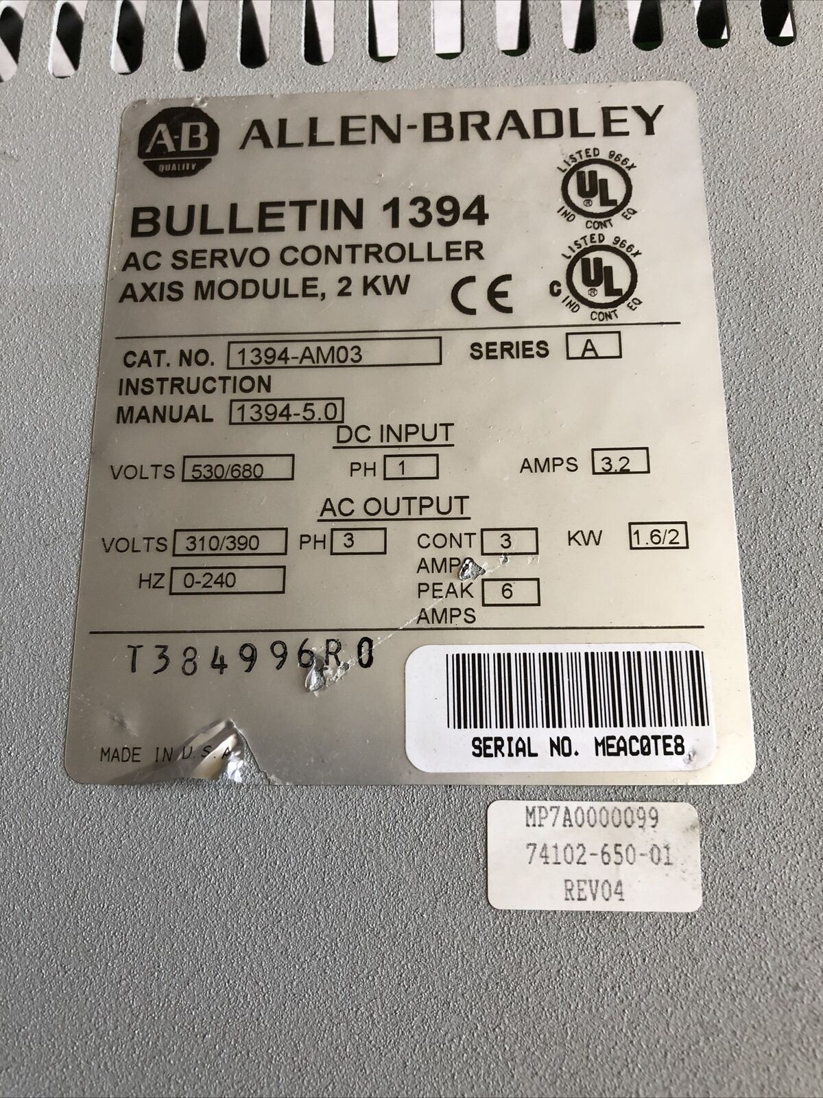 Allen Bradley 1394-Am03 A Servo Controller Axis 2.2Kw 3Amp,2Kw Axis Module,Bi