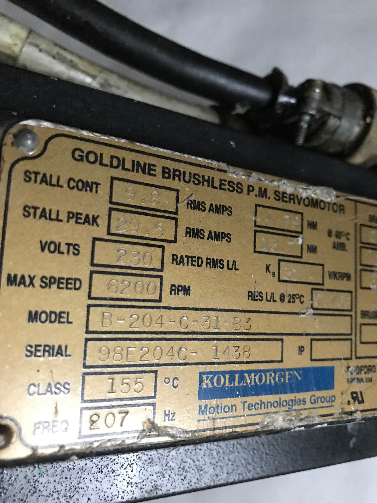 Kollmorgen B-204-C-31-B3 Goldline P.M. Servo Motor,230 Vac,6200 Rpm,B204c31b3,Sh
