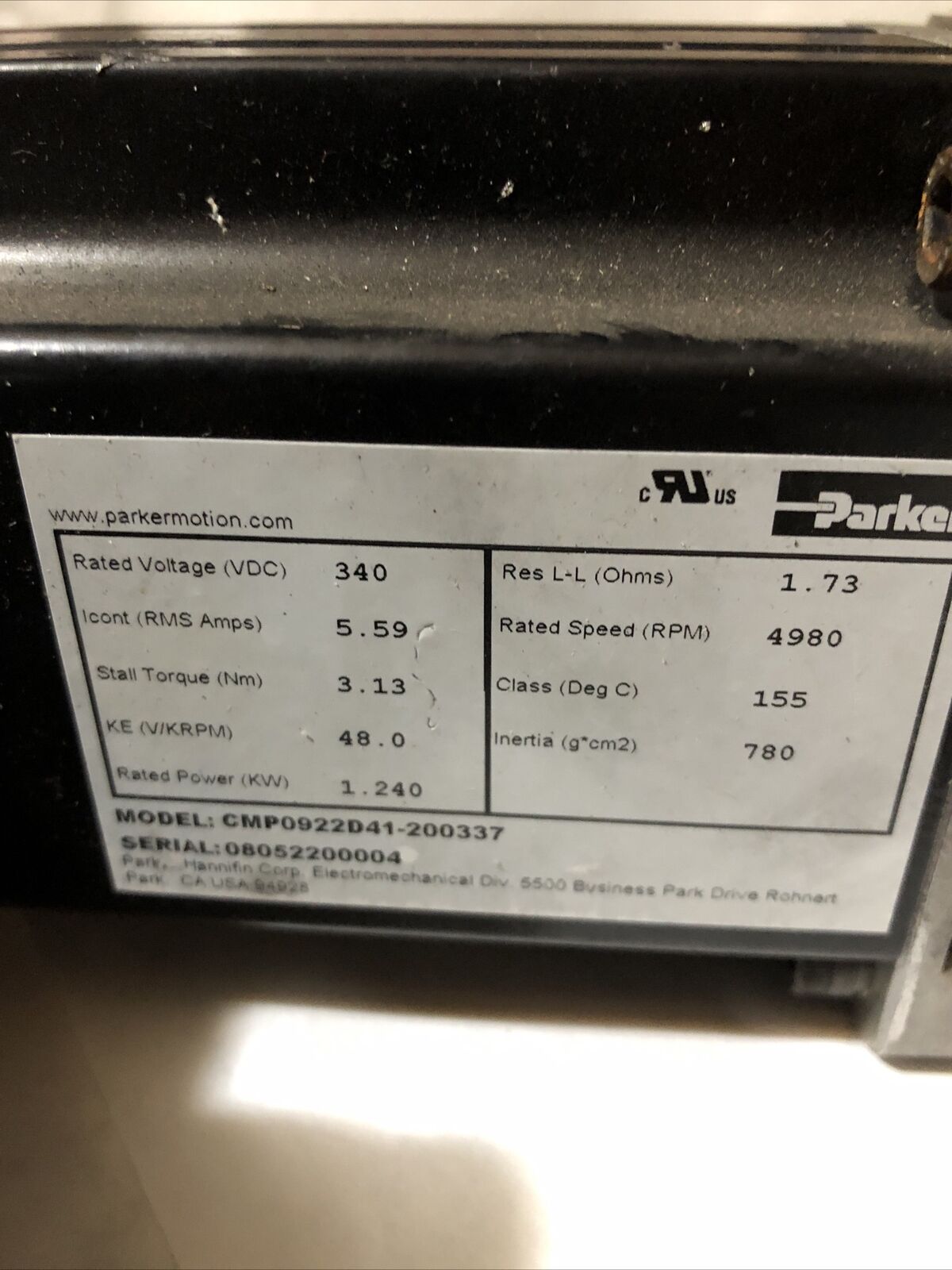 Parker Cmp0922d41-200337 Dc Servo Motor, Rs90-010-W01le, 10:1 Ratio,Bt