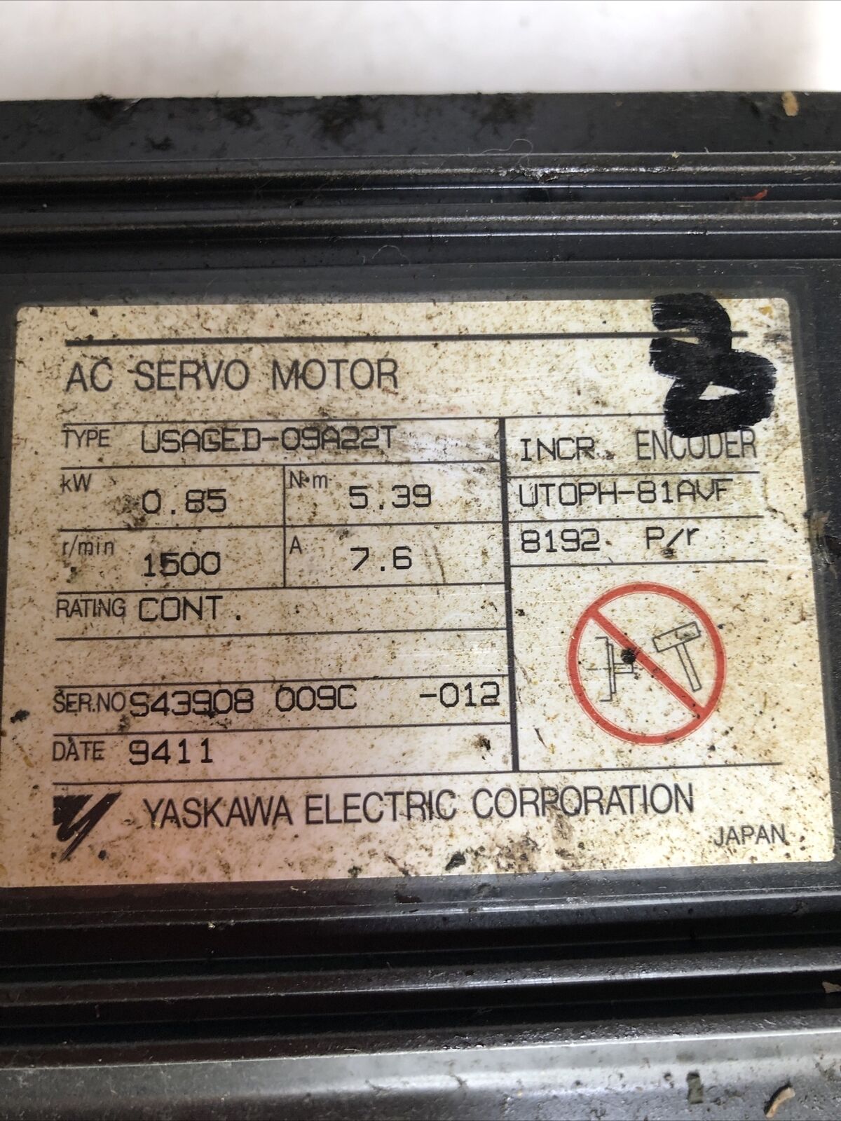 Yaskawa Usaged-09A22t Ac Servo Motor, 1500-Rpm, 7.6A, 0.85Kw,Ff