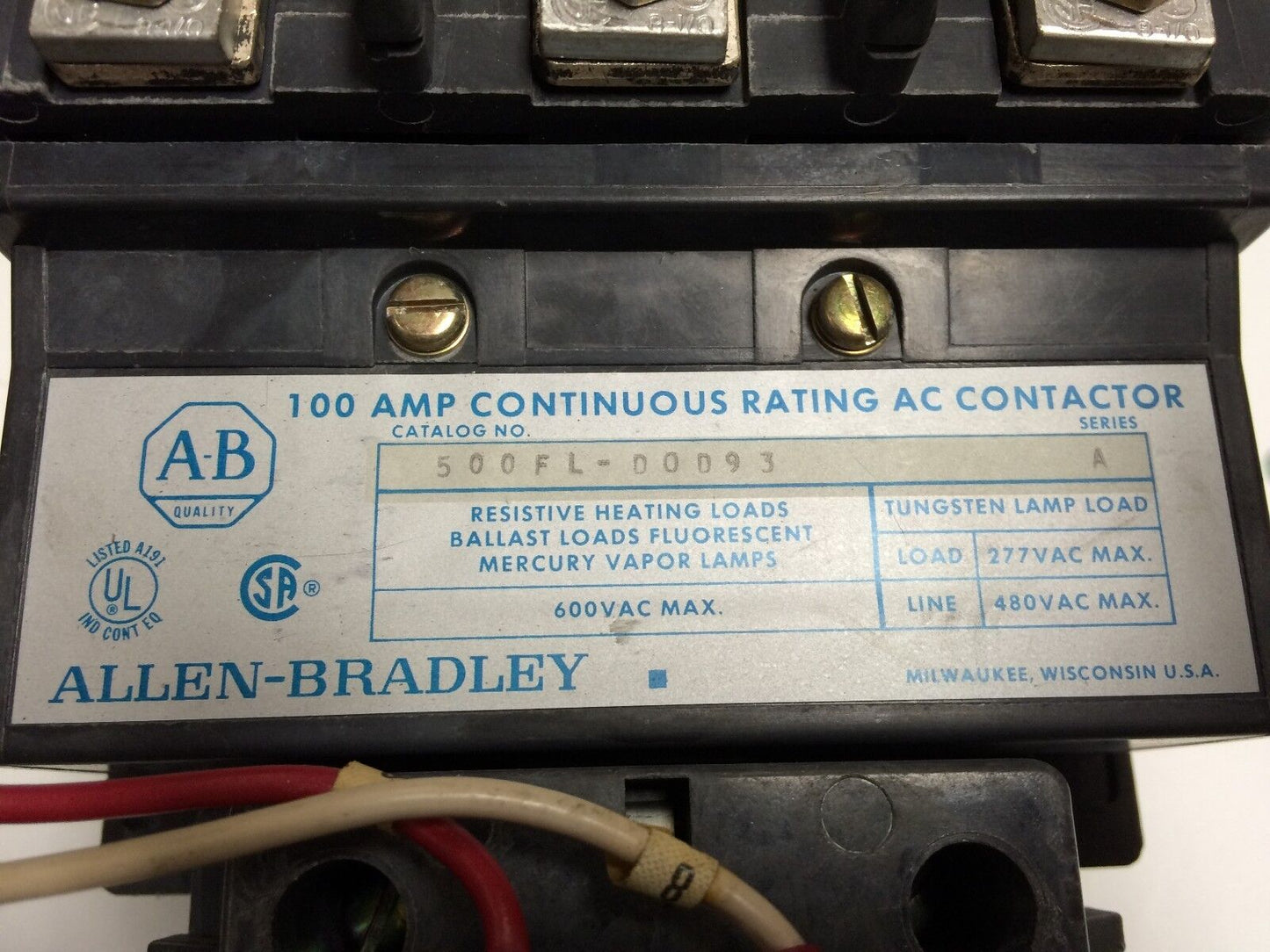 Allen Bradley 500Fl-D0d93,100Amp Continuous Ac Contactor 500Fl-Dod93,120V,Ck