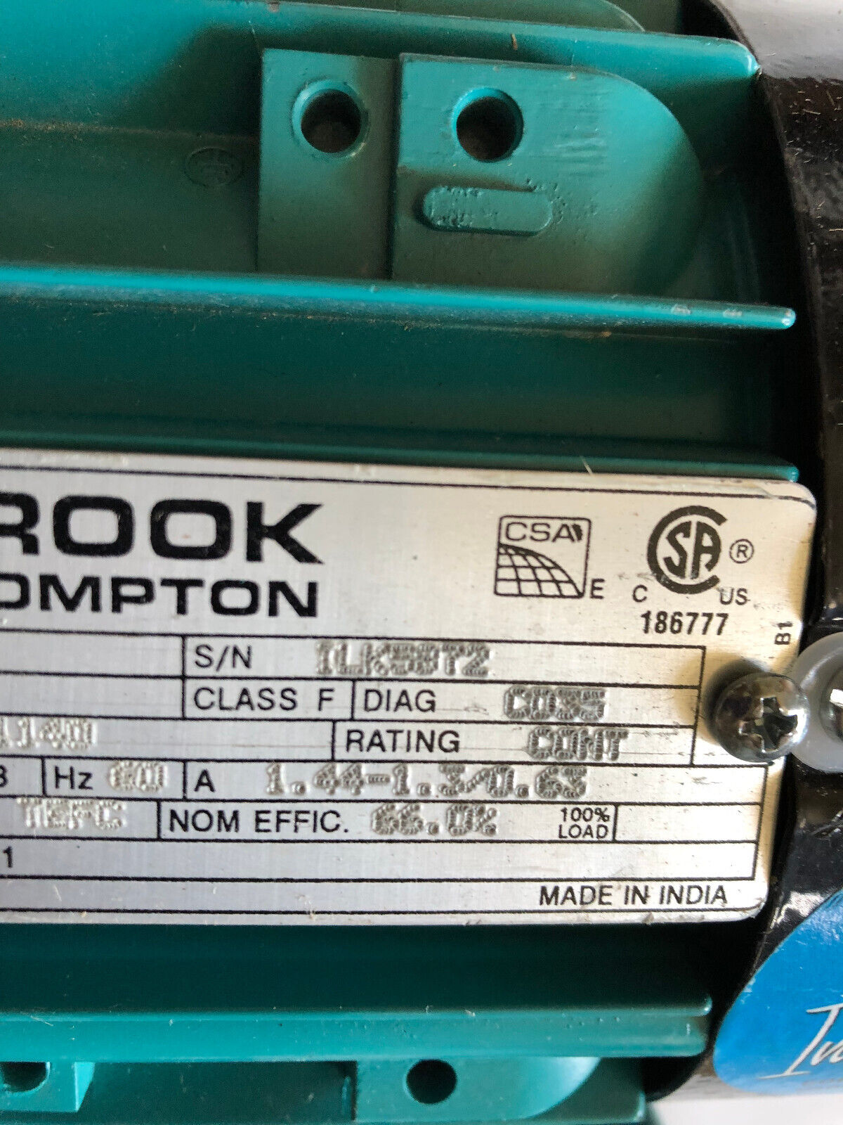 New Brook Crompton Wa6n.25-2,Wa6m.25-2 Inverter Duty Motor. 0.25Hp, 1140Rpm,Aa