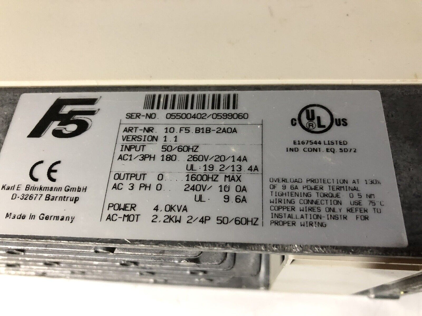 Keb Combivert F5 10.F5.B1b.2A0a Frequency Inverter Drive 10.F5.B1b-2Aoa 4.0K,To