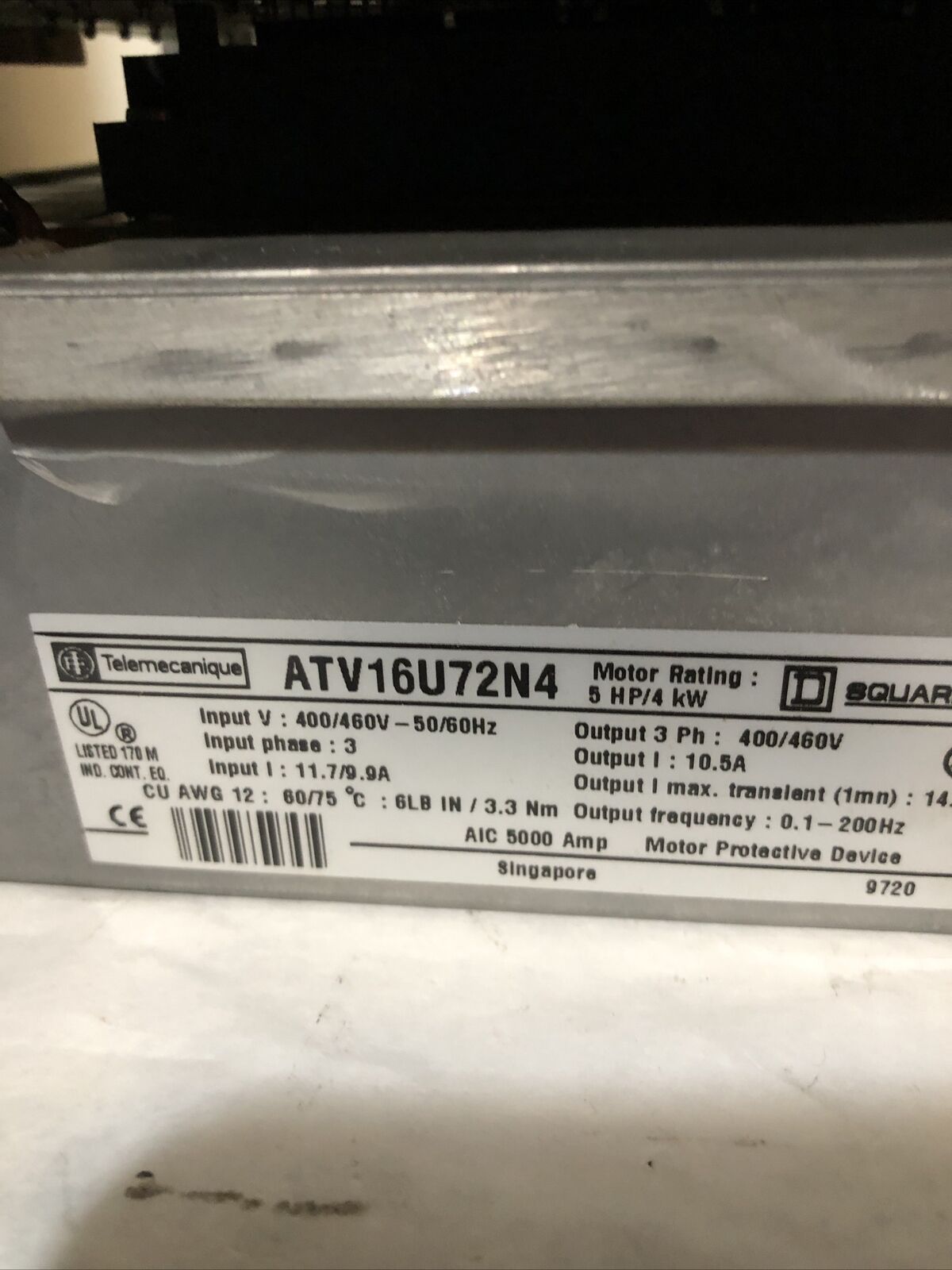 Telemecanique Atv16u72n4 Ac Drive, 5 Hp, 3-Phase, 400/460V,Wo 70586,Bk