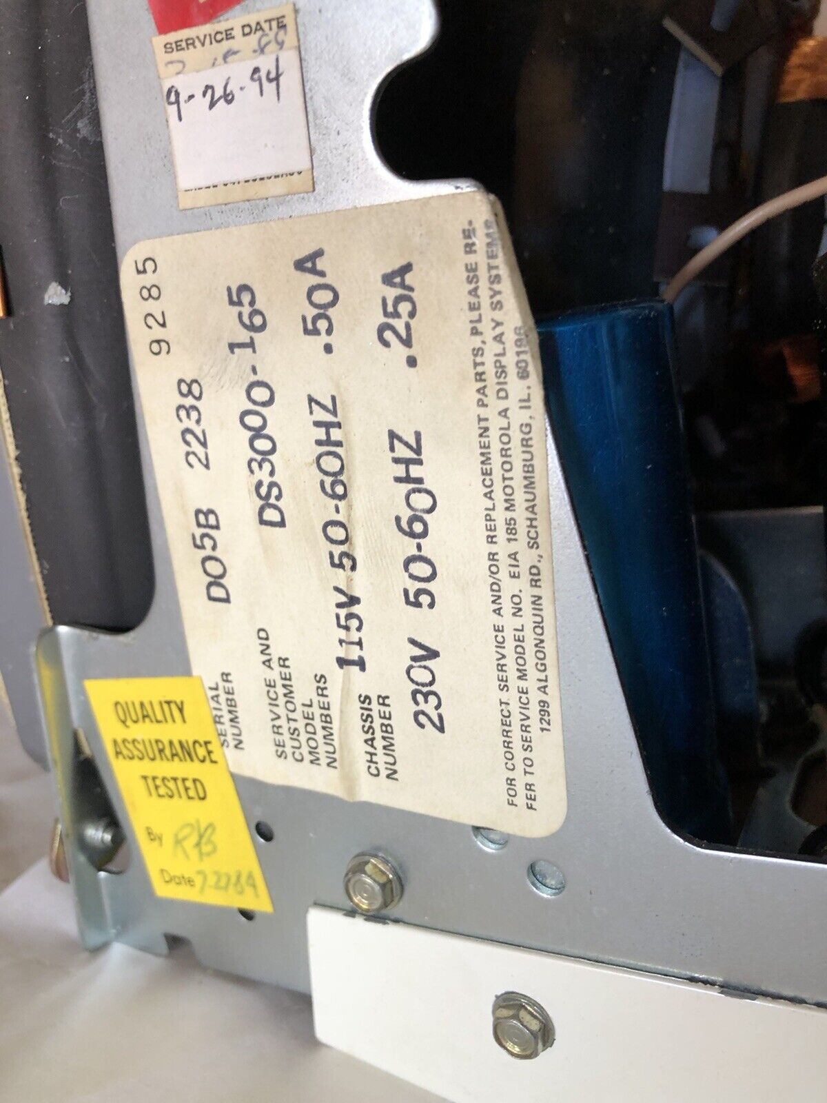 Motorola Ds3000-165 12" Crt Monitor,7C 25974 Aol,115/230Vac,Eia 185,903Pamgrs,Cf