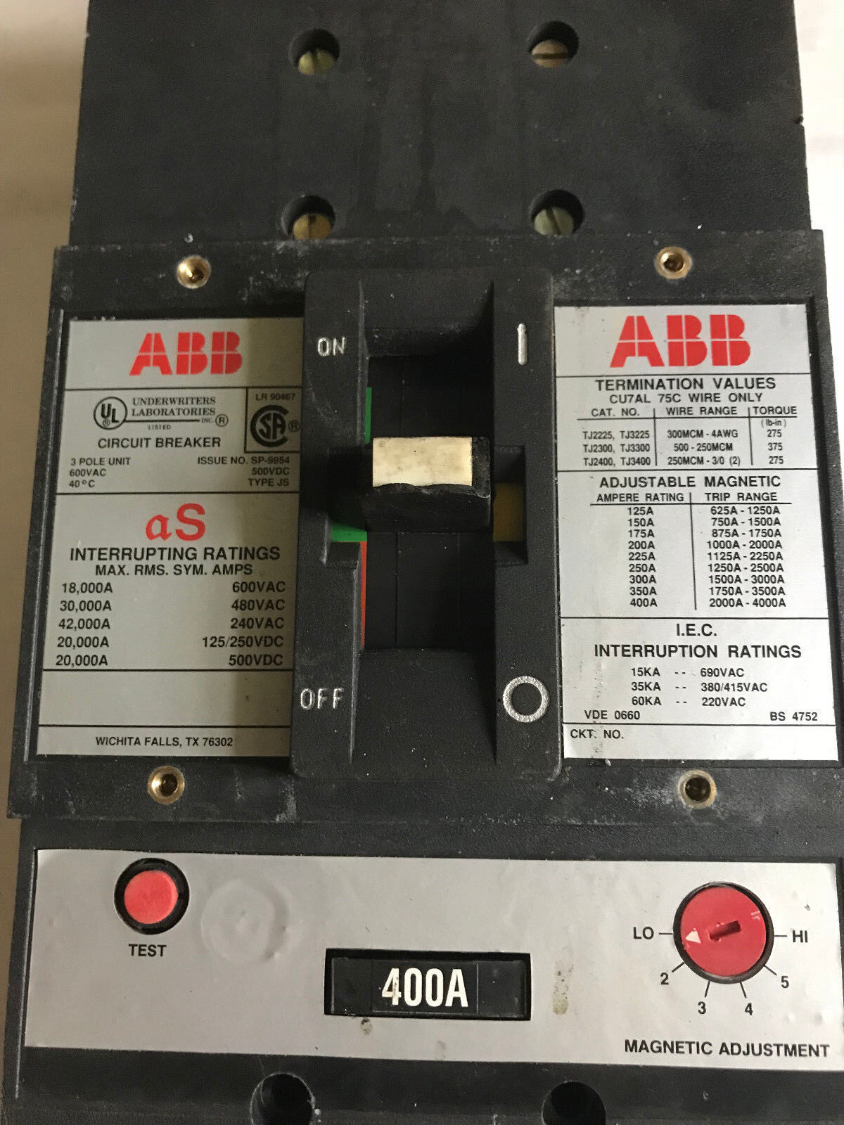 Abb Sp-9954 Circuit Breaker,400 A,3-Pole,600 Vac/250 Vdc,Abb Js,Cu7al 75C,Ta,Aa