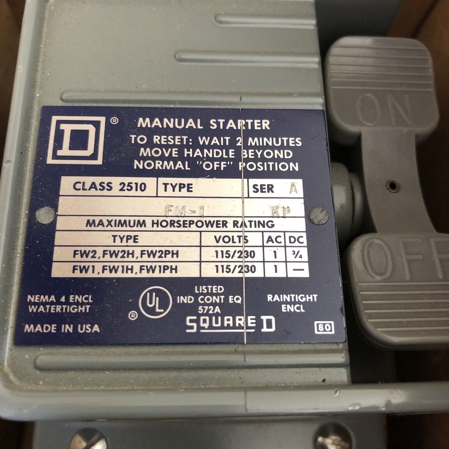 New Square D Fw-1,Class 2510,Manual Starter,Square-D 2510 Fw-1,Dd