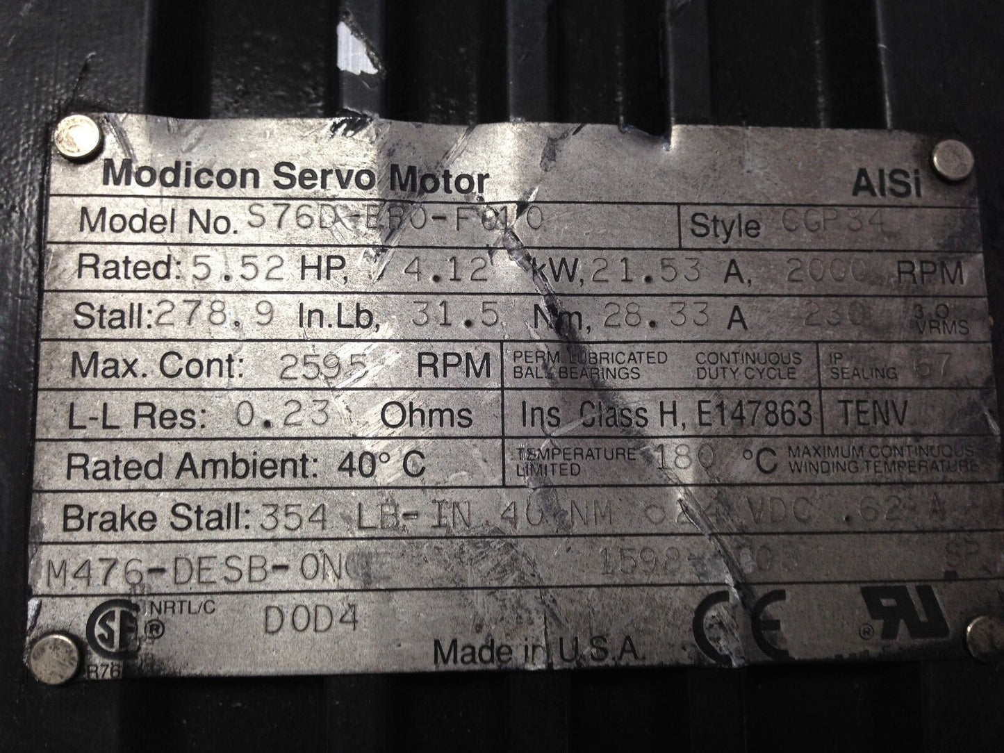 Alsi Modicon S76d-E00-F010 Ac Servo Motor, 5.52Hp,230Vac,2595-Rpm Ccp34,Te