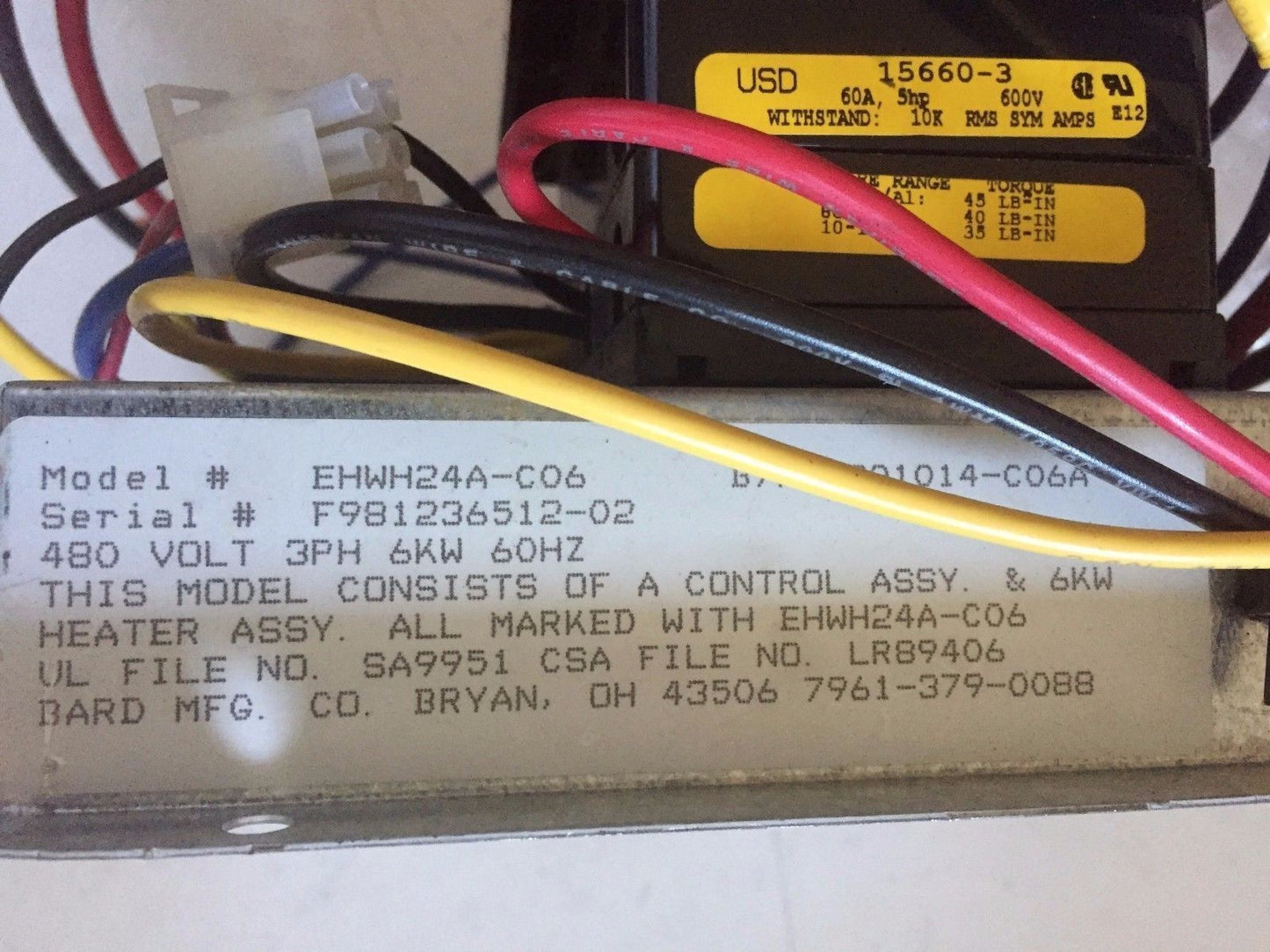 Usd 15660,60A-600,Bard Ehwh24a-C06,15660-3,8402-095 Heat Pump Heat Strip Base,Eq