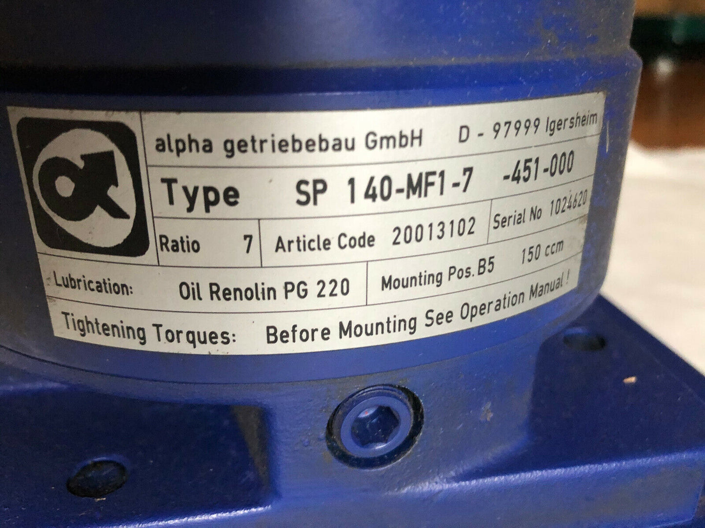 Alpha Sp 140-Mf1-7-451-000 Planetary Gear Reducer Motor,Ratio 7,Sp140-Mf1-7,Fm