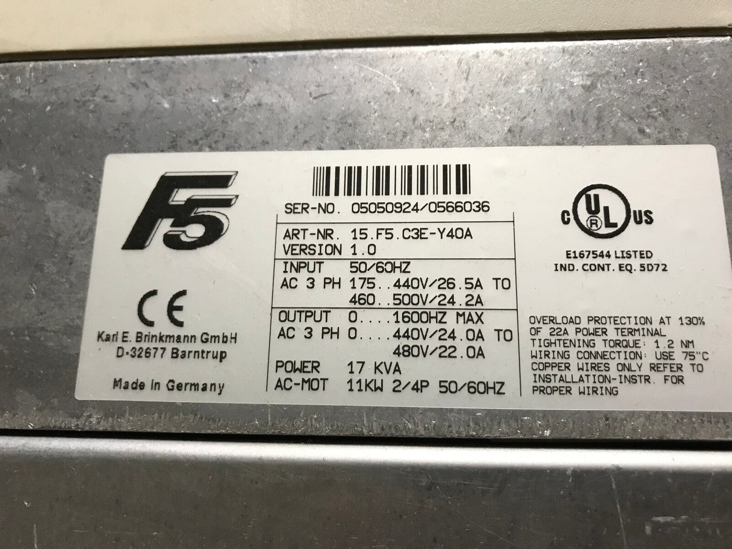 Keb Combivert Ac Drive 3Ph 440V 26.5A 15.F5.C3e-Y40a Ver-1.0 15.F5.C3e-Y4oa,Ag