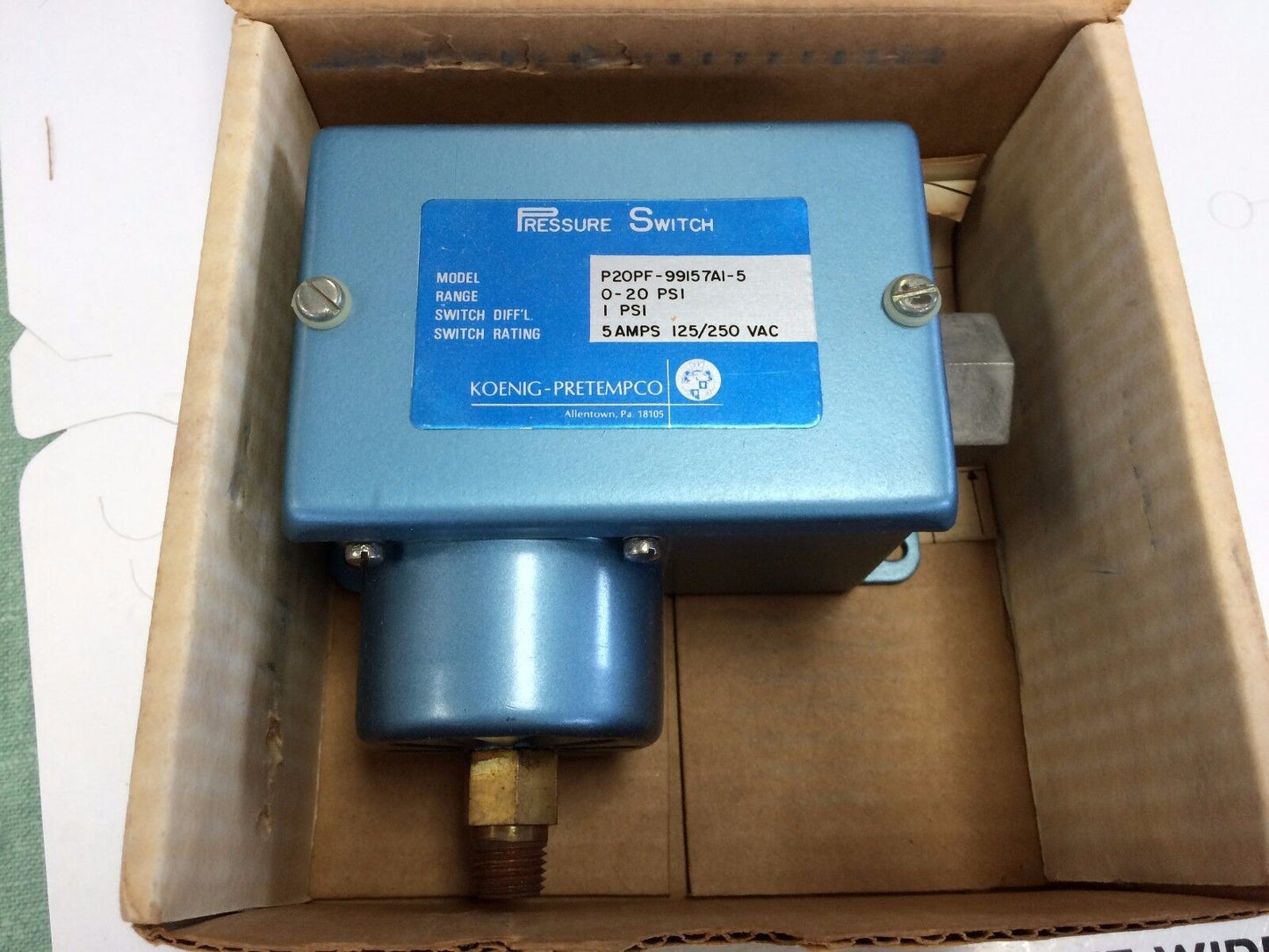 New Koenig Pretempo P20pf-99157A1-5 Pressure Switch 0-20Psi 5A, 125/250Vac,Se