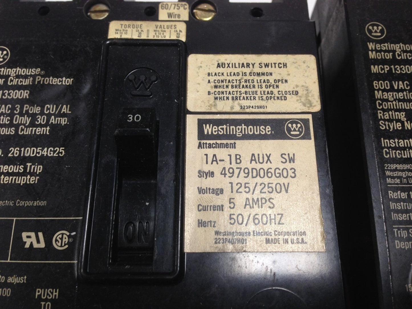 Westinghouse 4979D06g03 Circuit Breakers,30A,1A-1B Aux Mcp13300r,5Amps,Et