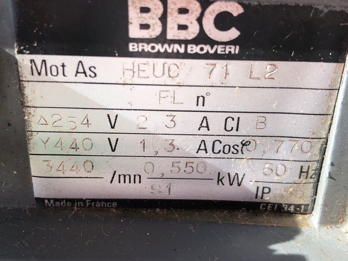 Bbc Heuc 71 L2,Brown Boveri Heuc-71-L2 Ac Motor,220/440 Vac, .55 Kw, 3440 Rpm,Eg