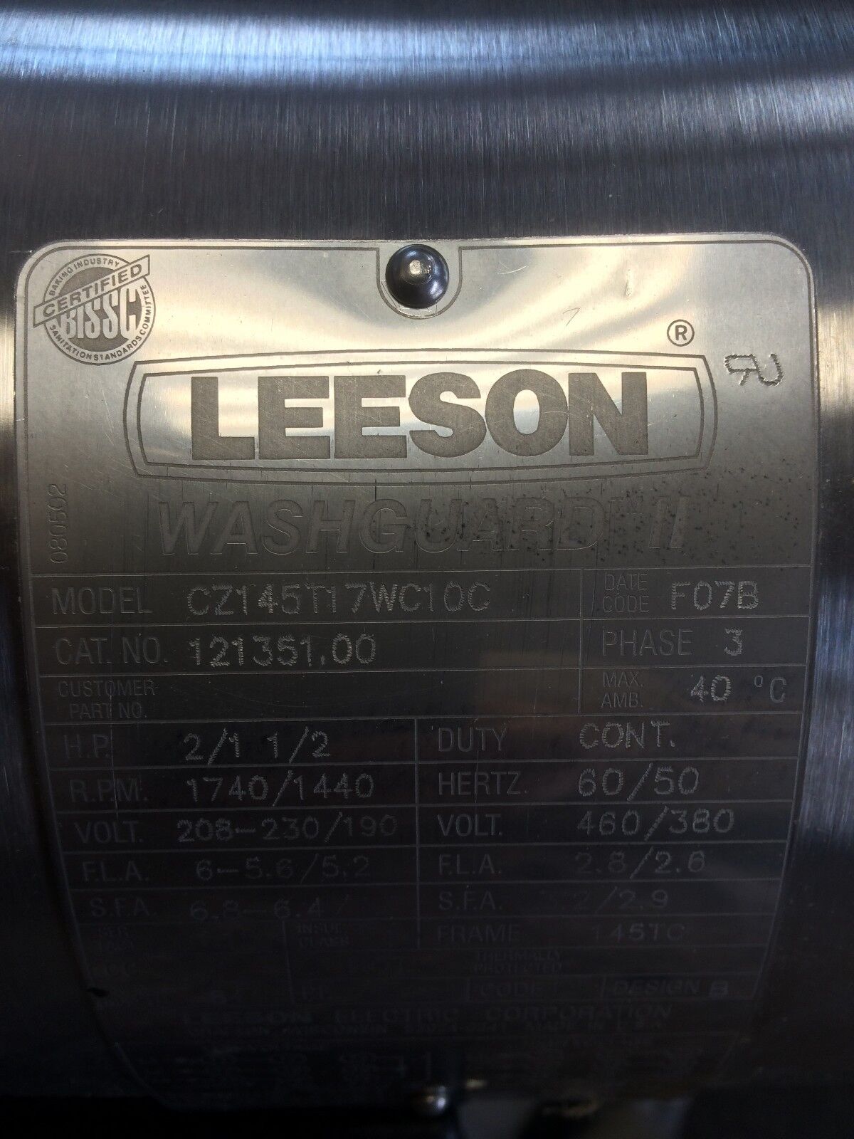 New Leeson Cz145t17wc10c Washguard Ii Regal 2Hp.1740Rpm.3Ph 121351.00.  Ss,Bu